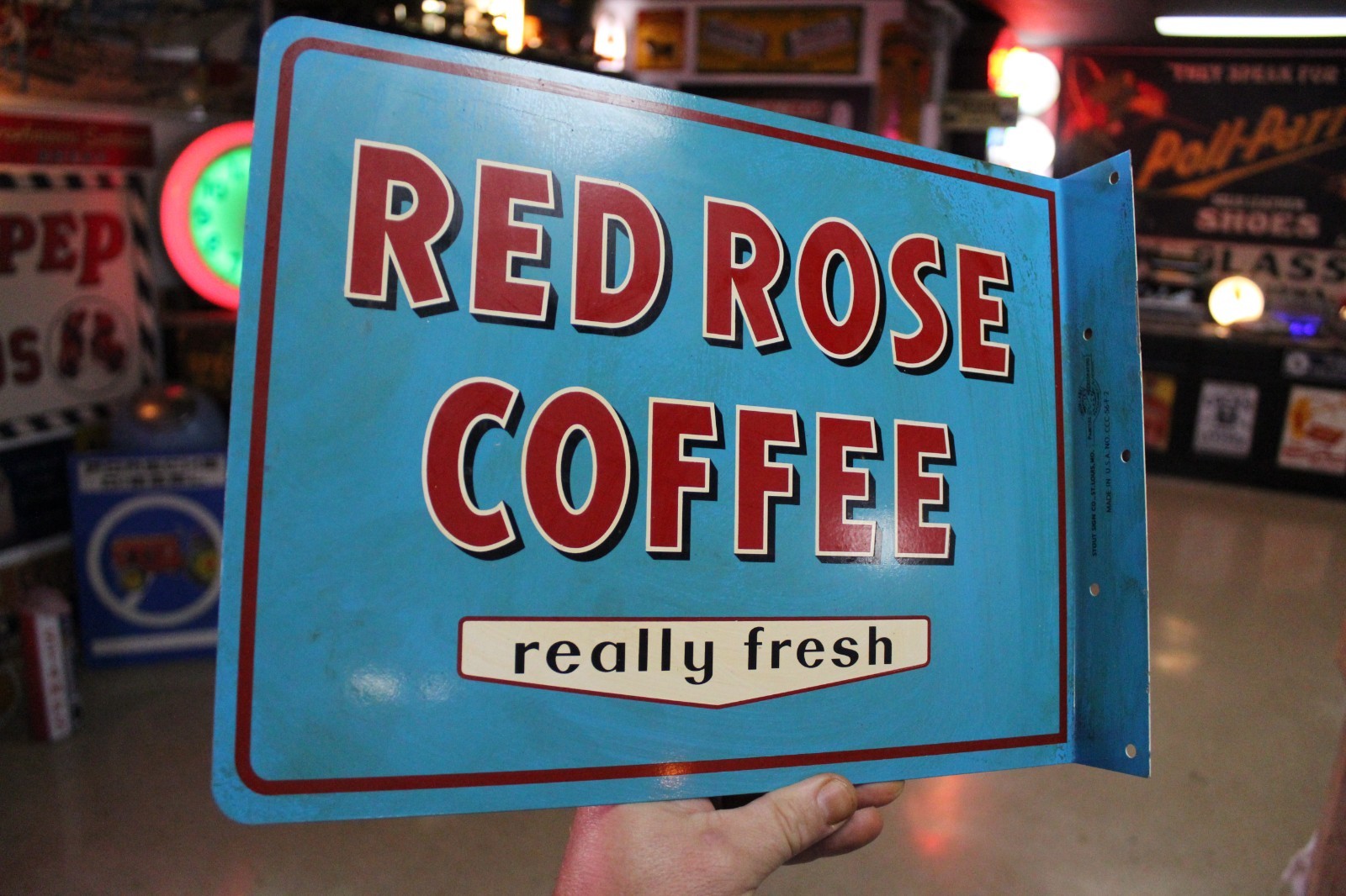 RARE 1950s RED ROSE COFFEE  PAINTED METAL 2-SIDED FLANGE SIGN KITCHEN CAFE DINER