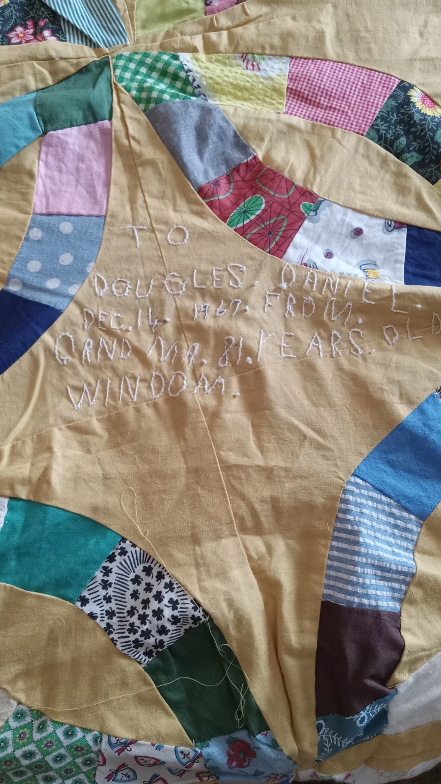 Vintage Double Wedding Ring Yellow  Quilt Top With Inscription Hand Made 82x68