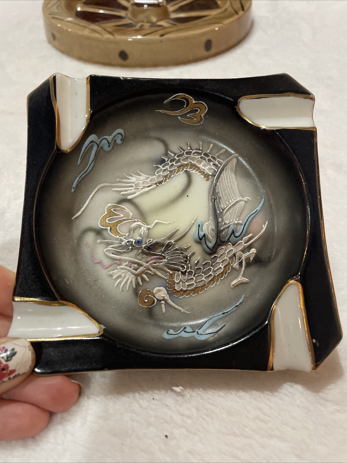 Vintage  China Dragonware Ashtray Painted Black Dragon