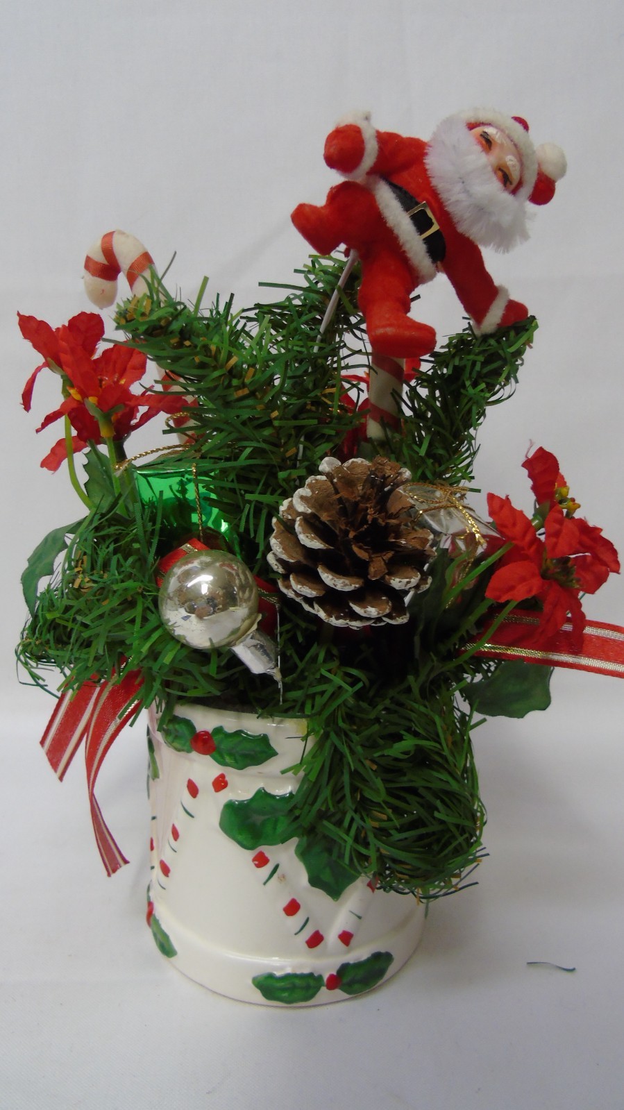 Vintage Relpo Christmas Drum Planter Hollyberry & Candy Canes with Greenery c252