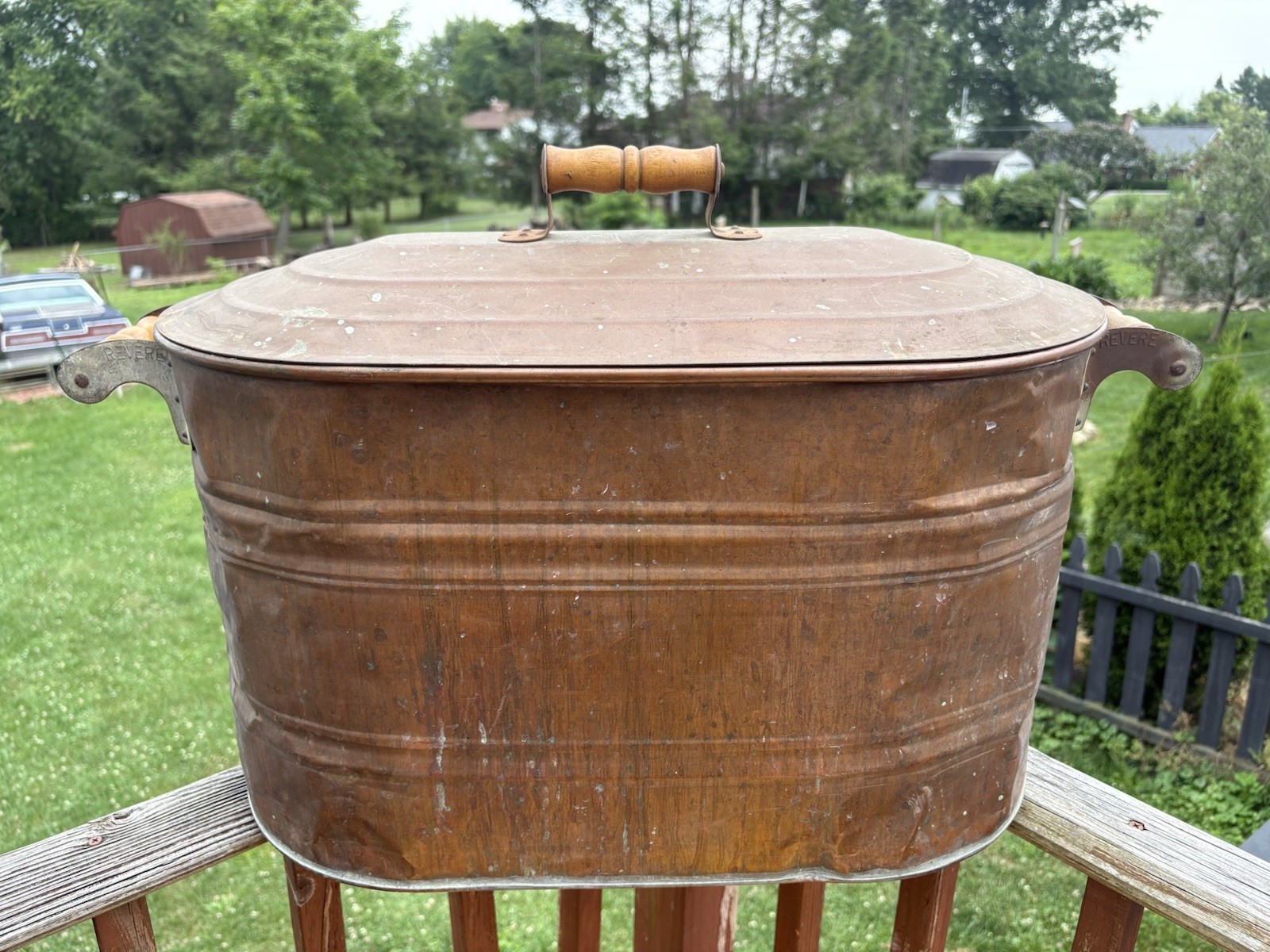 Antique Vintage Revere Copper Kettle Boiler Wash Tub w/ Lid (No Leaks) 28x15x13”
