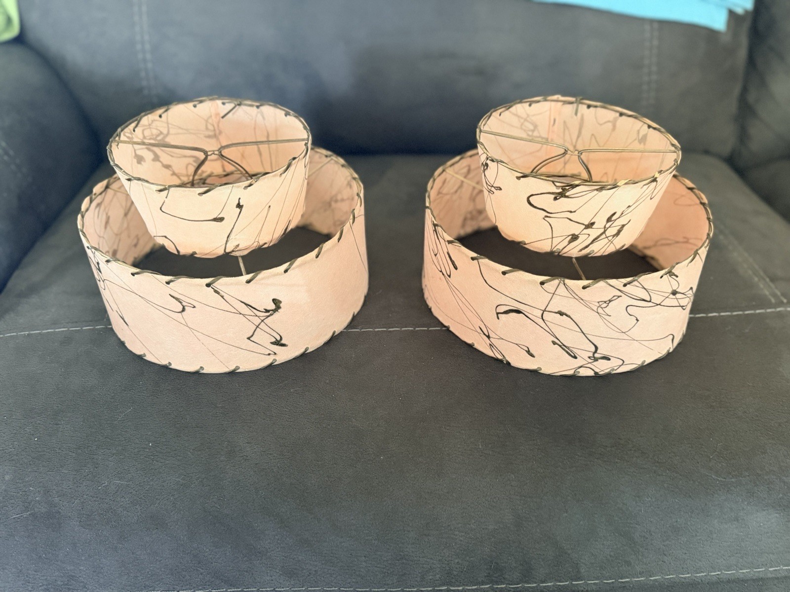 Vintage MCM Fiberglass 2 Tier Lamp Shades Pink Splatter Spaghetti Tiered Pair