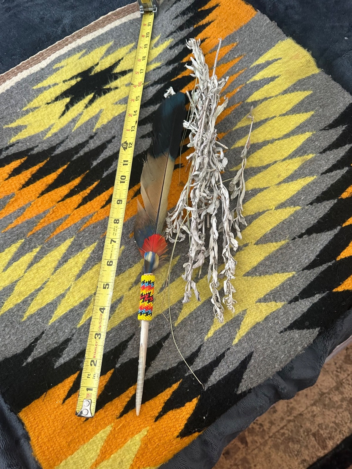Native American peyote beaded prayer fan 15 in