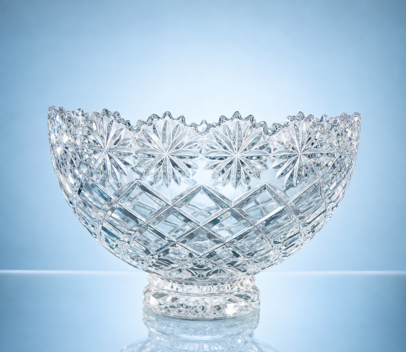 Crystal Clear Poland 1970s Footed Centerpiece Bowl Brussels Cut Clear, 8x6.5