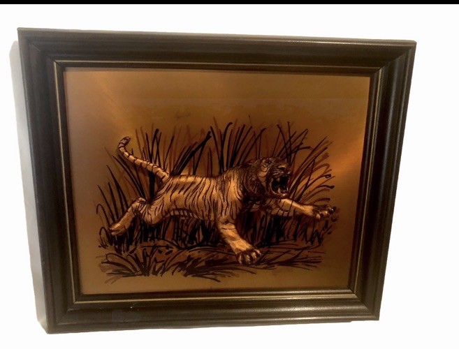 MCM nice John Louw Wall Art Framed Copper Raised Relief 3-D Tiger Sculpture
