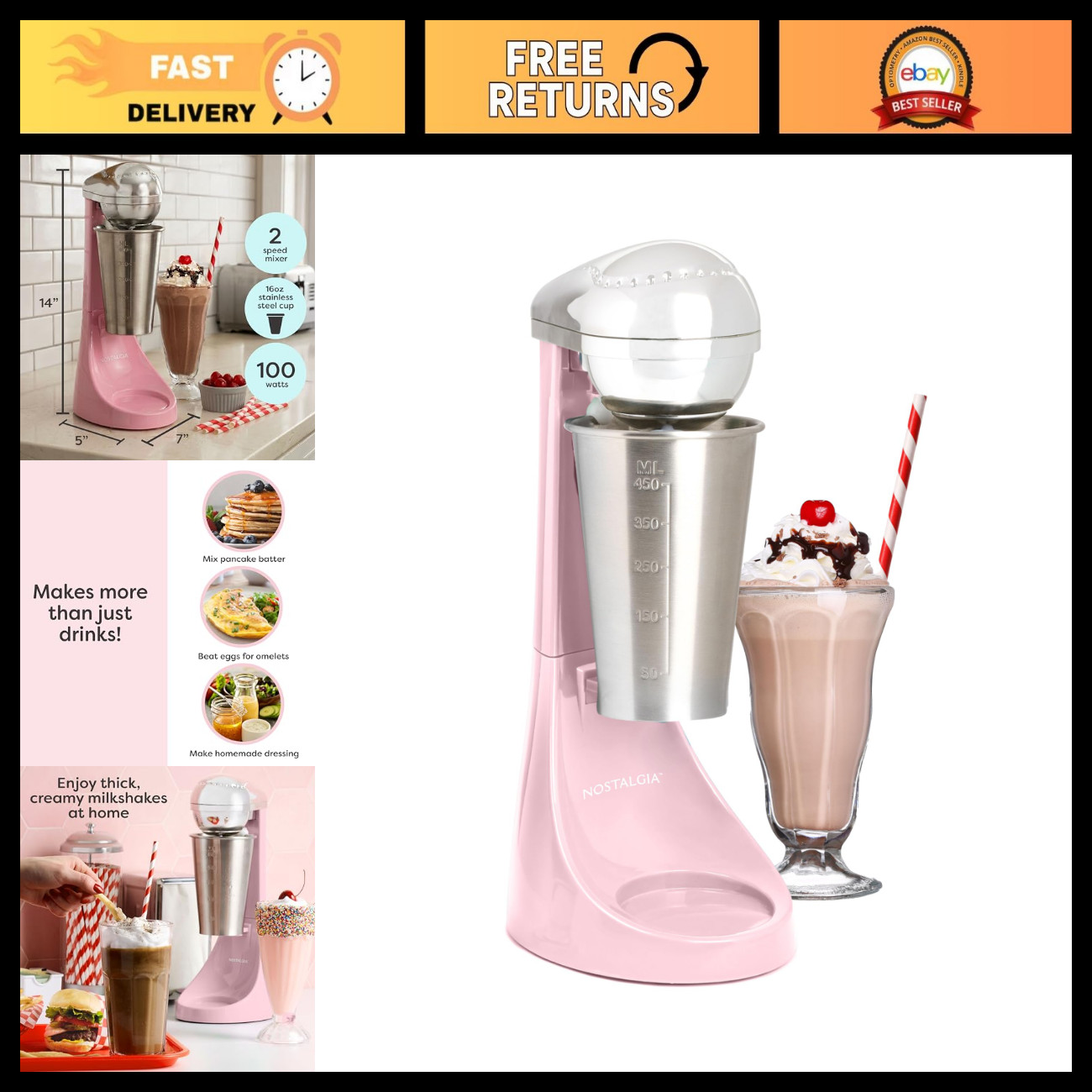 Electric Milkshake Maker & Drink Mixer - 2-Speed, 16oz Stainless Steel Cup, Pink