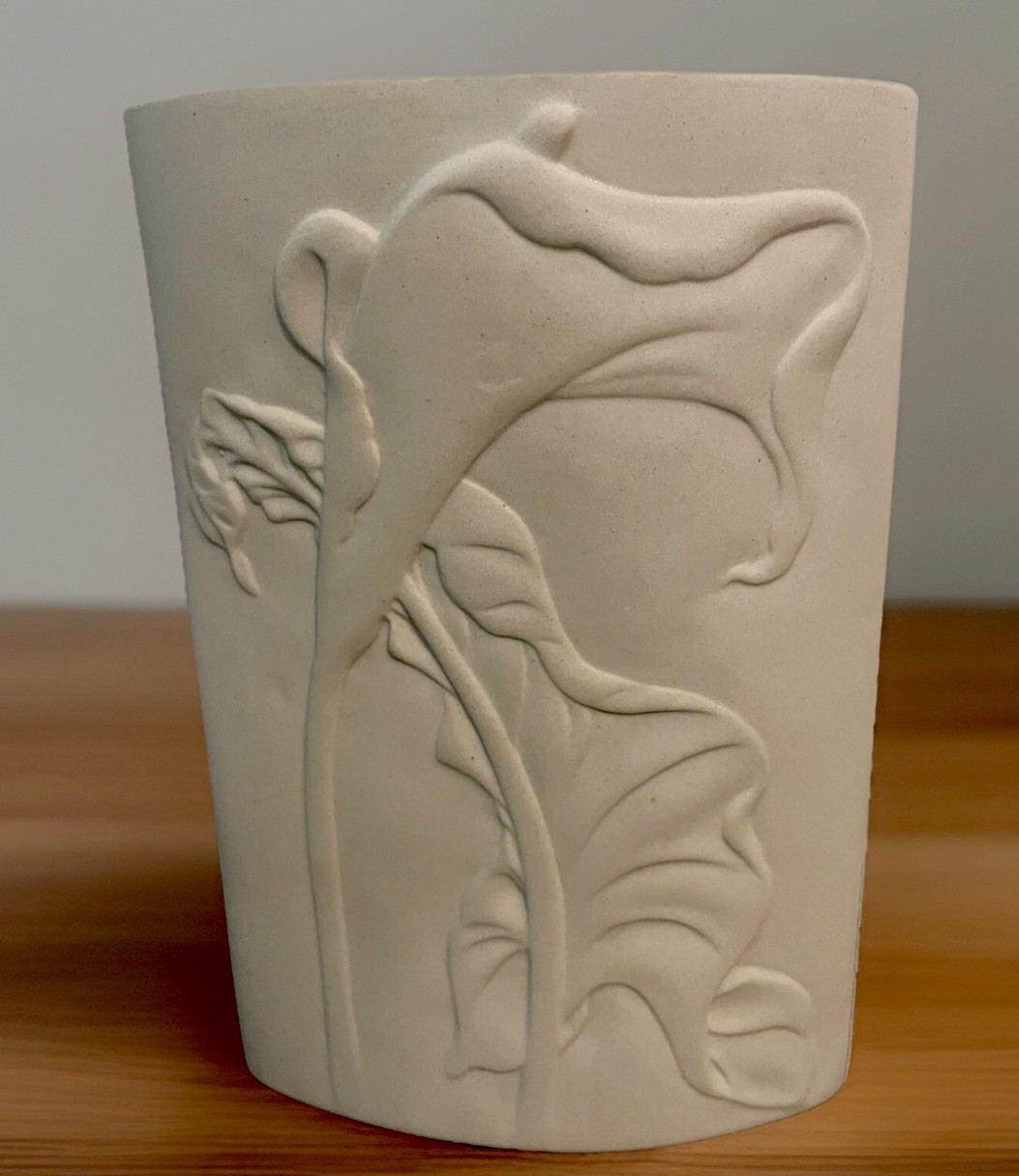 Vintage Raised Relief Lily Pottery Vase Mid Century Modern Oval Shape 8” Retro
