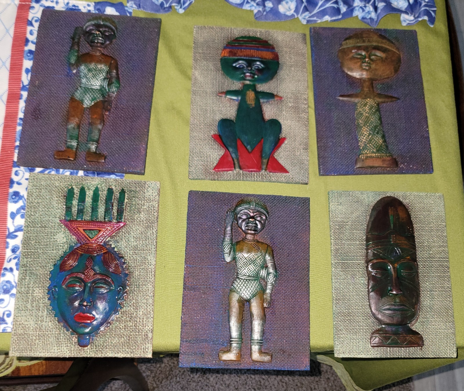 African Culture Lot of 6 Wall Plaques Carved Masks & Figures Set