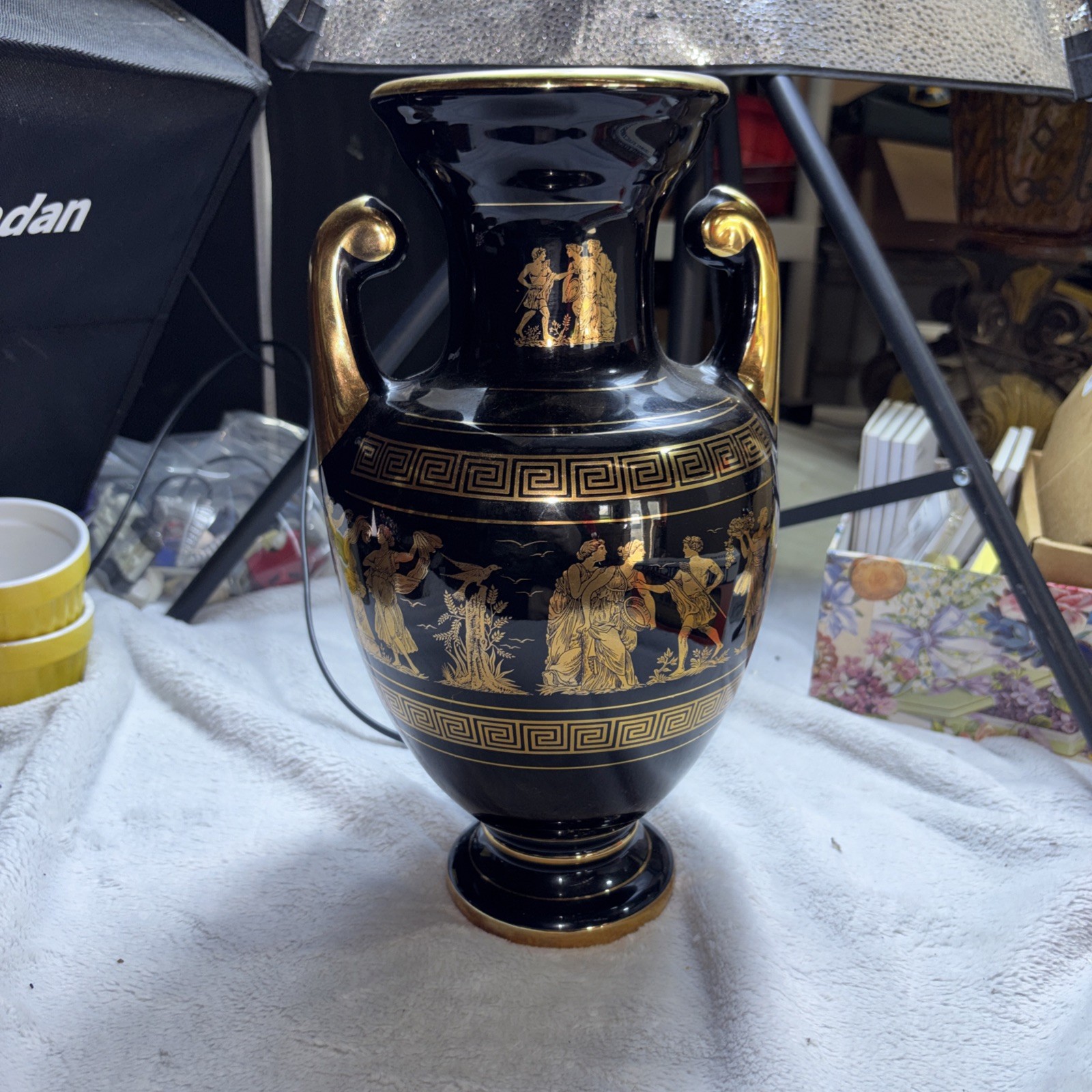 GREEK HAND MADE VASE Black & 24K