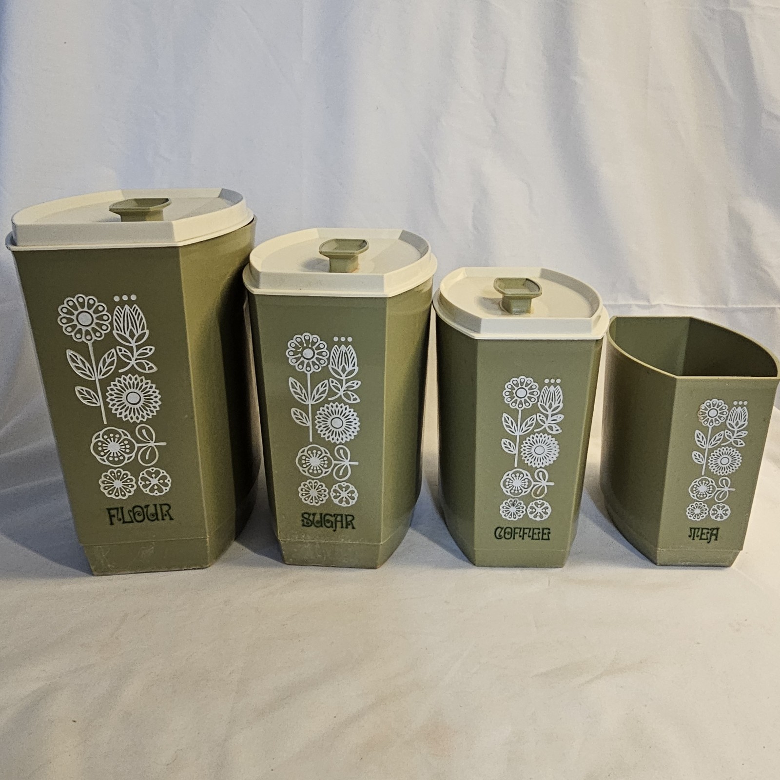Vintage Lustro Ware Canister Set 4pc Avocado Green Floral Nesting Flour Sugar