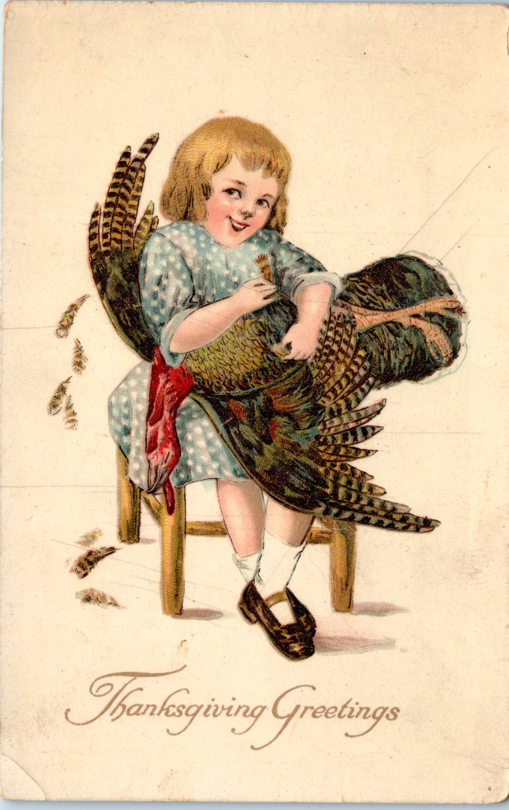 Vintage Postcard 1910s Thanksgiving Child Holding Turkey Humor Scene