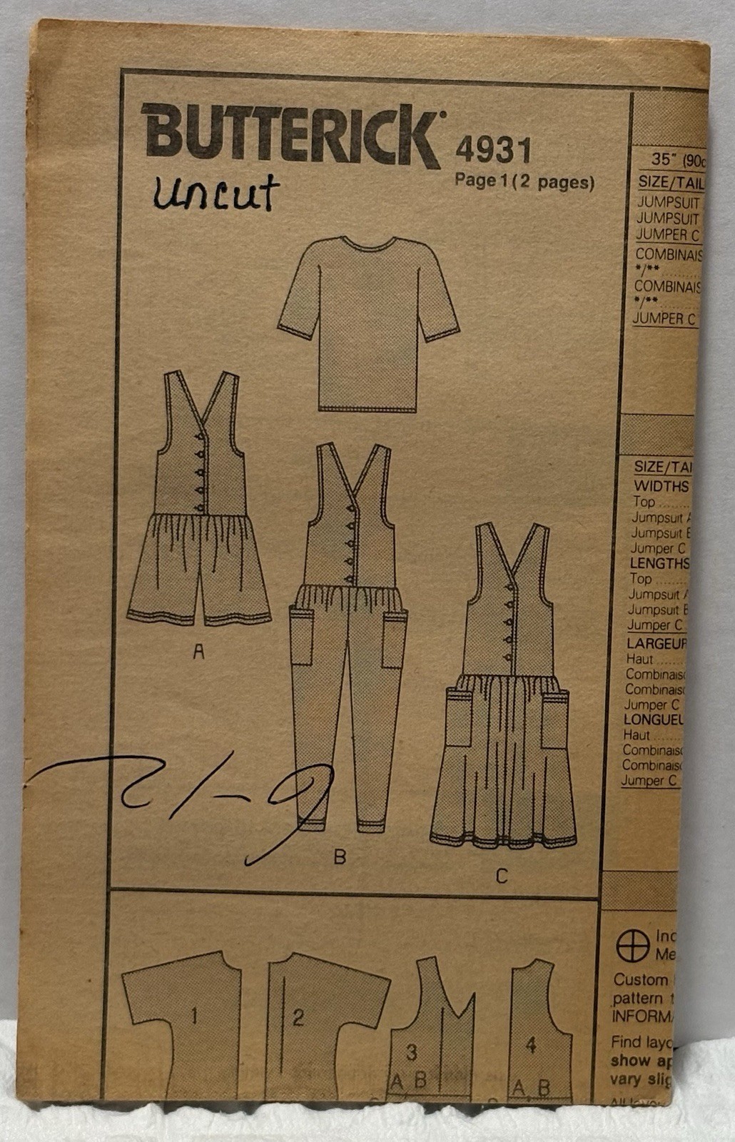 Butterick 4931 Size 6-12 Jumper, Top, Jumpsuit *PREOWNED* UNUSED