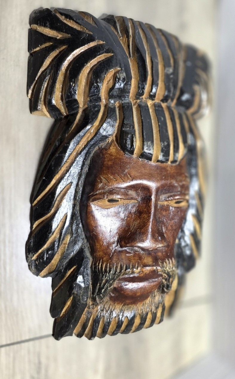 Vintage Dan Style African Mask Hand Carved Wood Raffia Wall Decor Unique