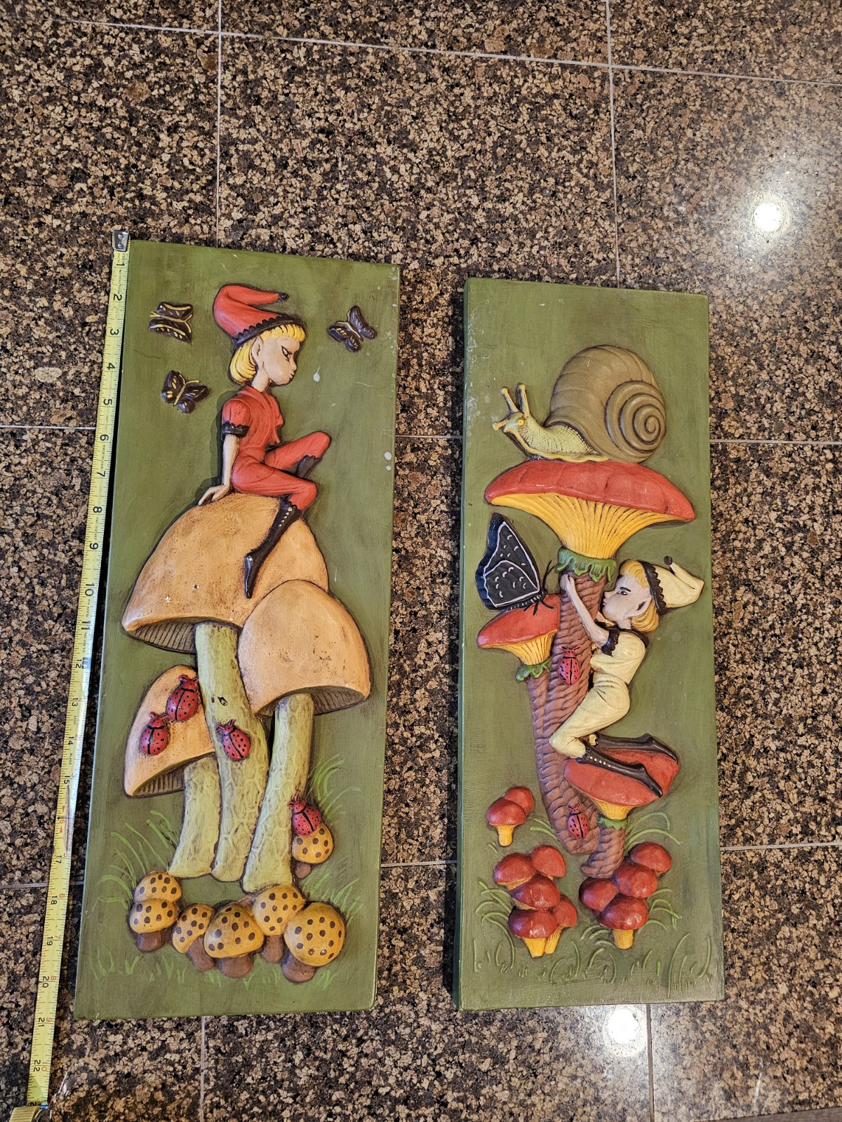 Vintage Burwood 1976 Elf Mushroom Wall Plaques M-132 M-133 Pair Woodland...