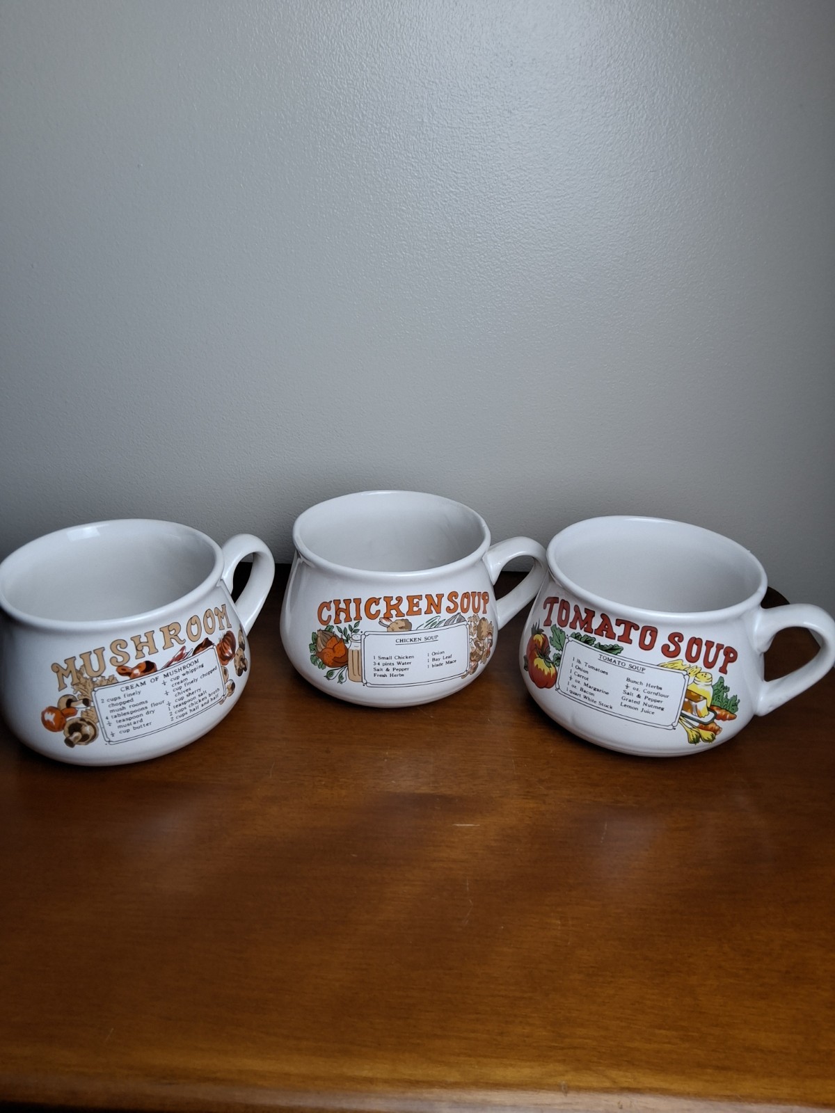 Vintage 1970s Ceramic Recipe Soup Mugs - Set of 3 (Excellent Condition)