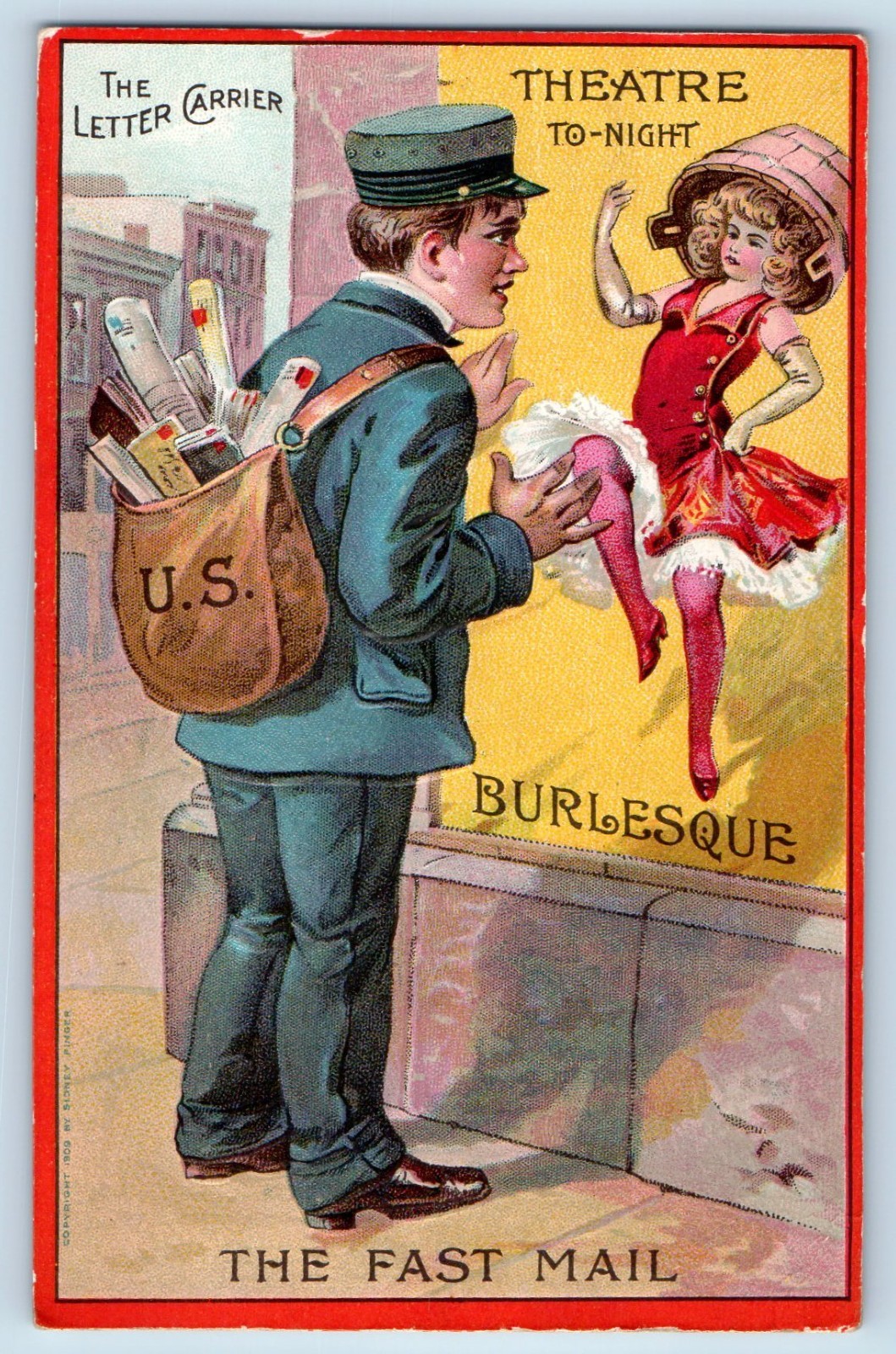 c1910's The Fast Mail Mailman Theatre Tonight Embossed Erie PA Antique Postcard