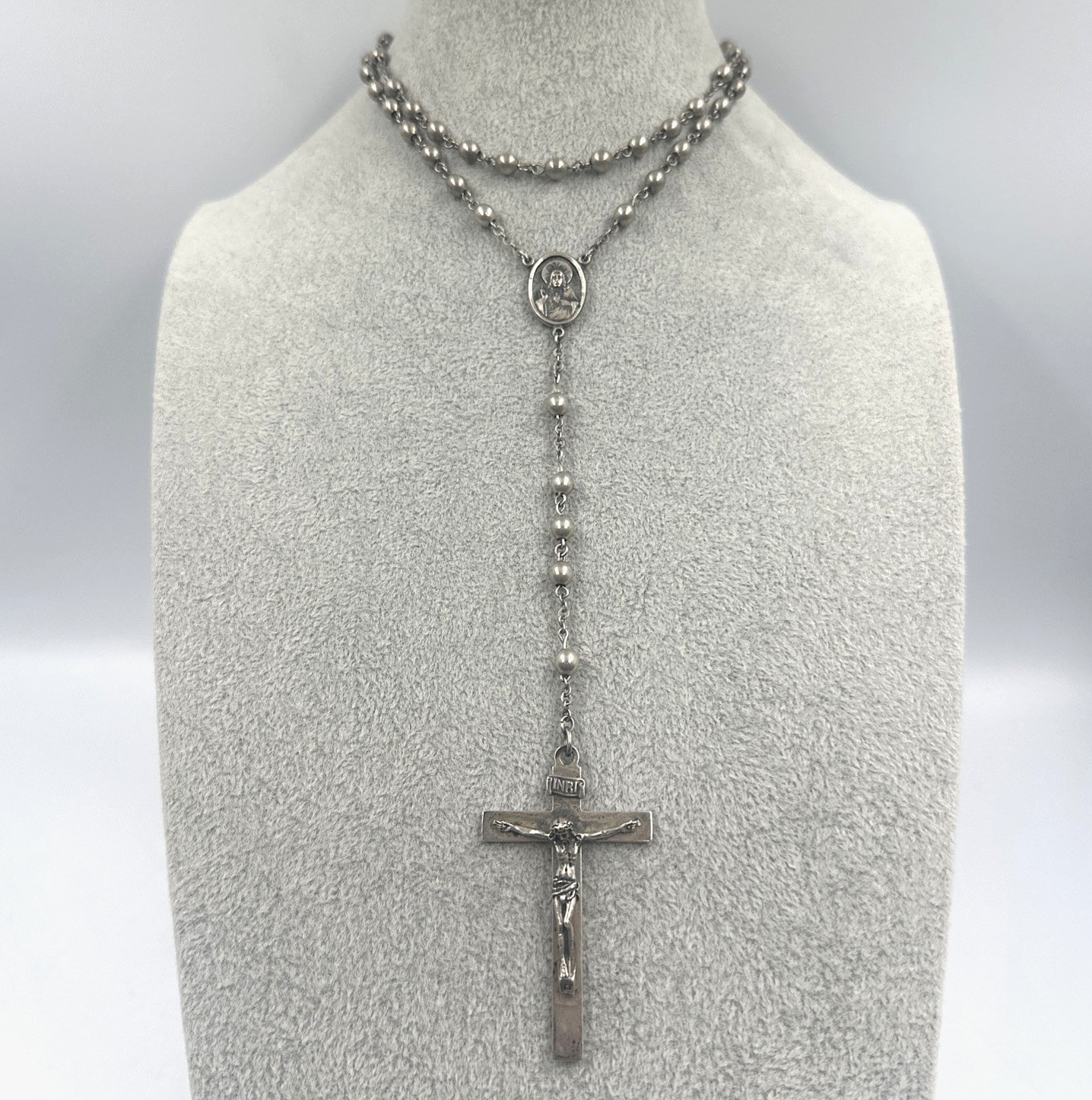 Vtg Rosary Large 24” + 6.5” Drop All Sterling Silver Sacred Heart Medal 24.3g Vtg Rosary Large 24” + 6.5” Drop All Sterling Silver Sacred Heart Medal 24.3g
