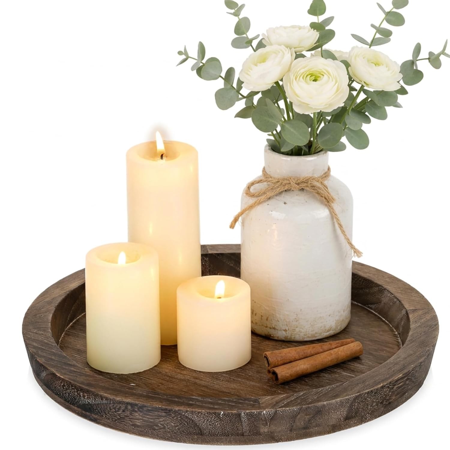 Distressed Round Wooden Candle Tray Holder for Living Room Decor
