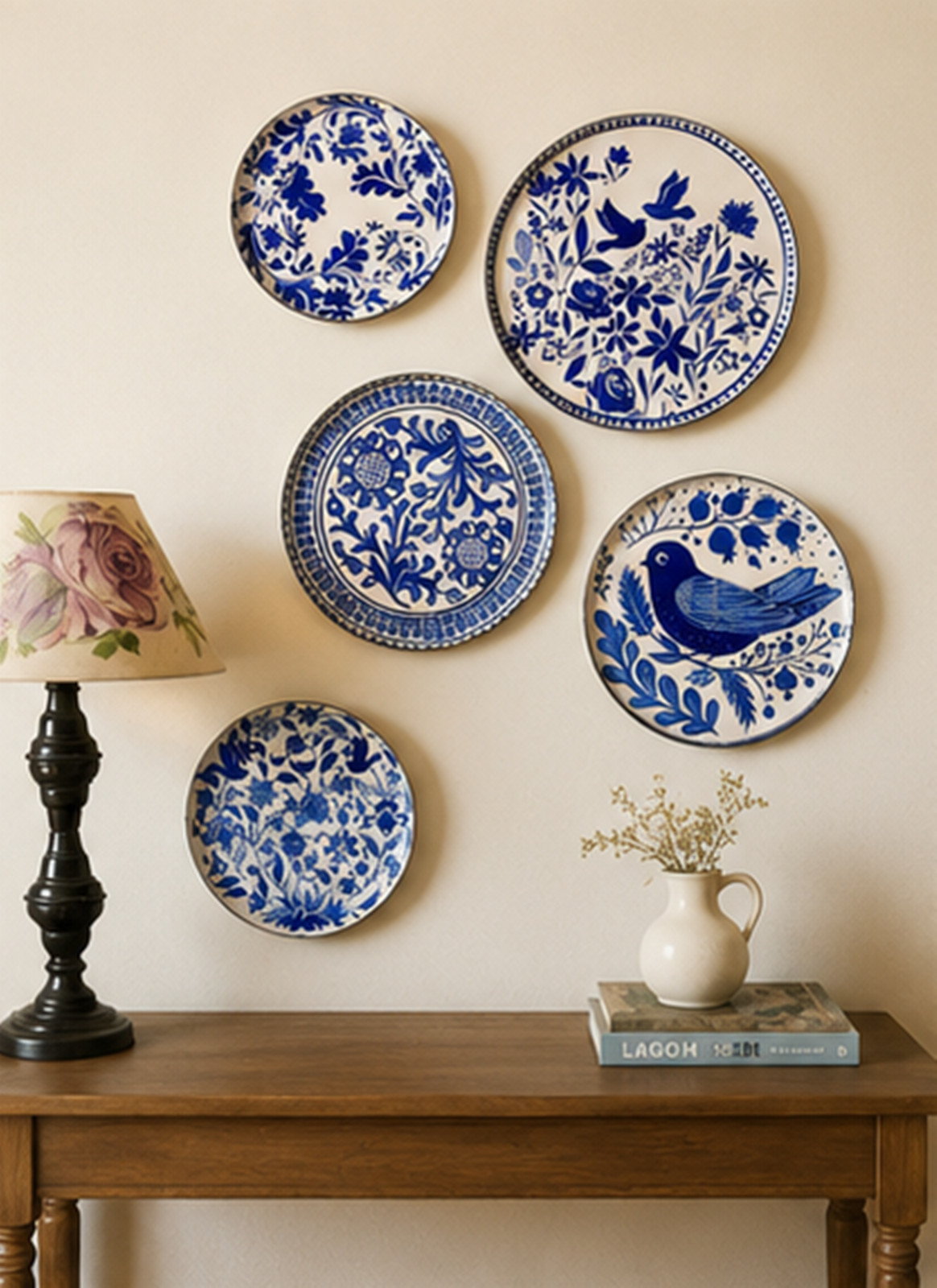 Blue and White Decorative Wall Plates Set of 5, Vintage Botanical & Bird Ceramic