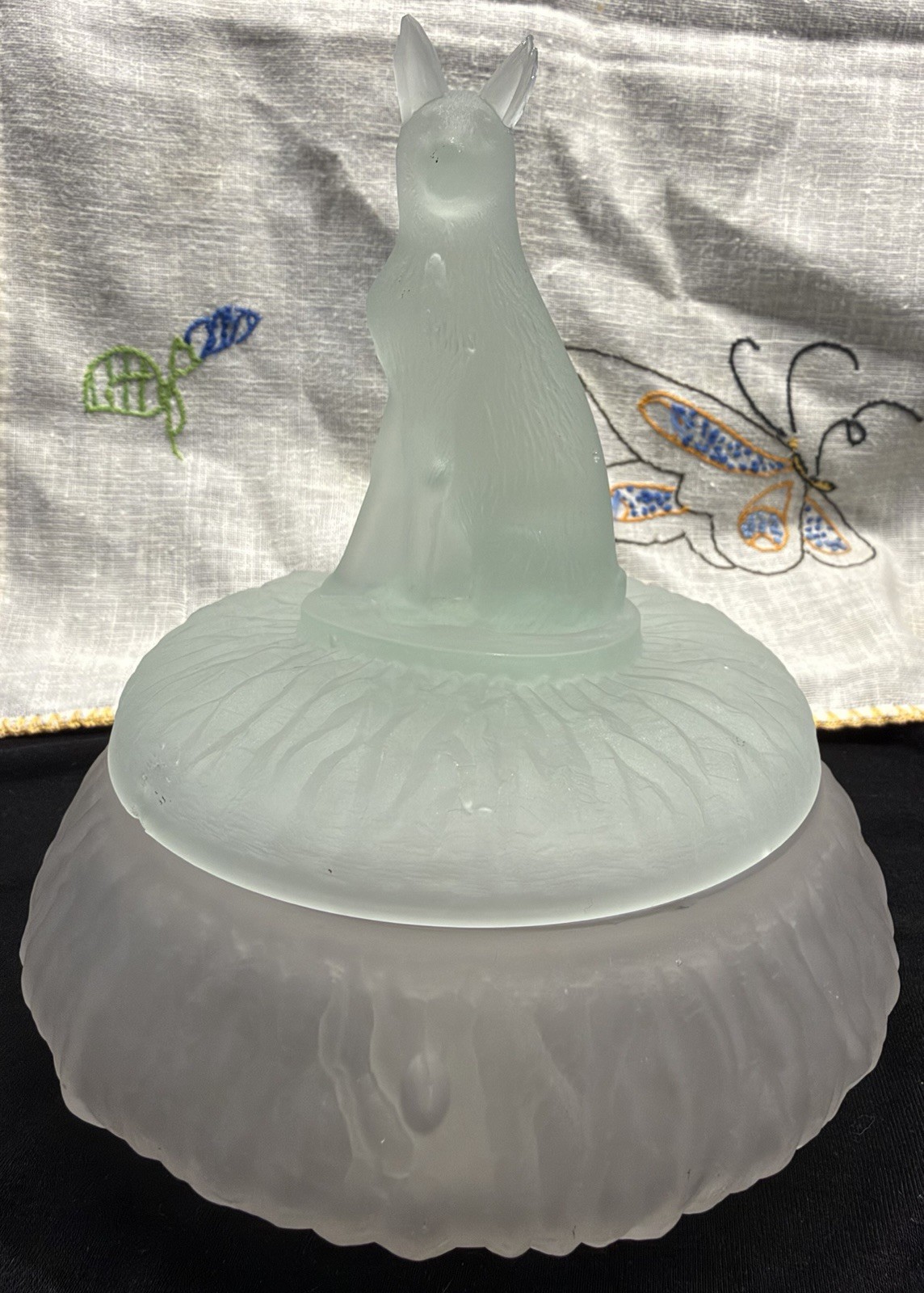 Vintage Frosted Satin Glass Rin Tin Tin German Shepherd Trinket Box Powder Jar