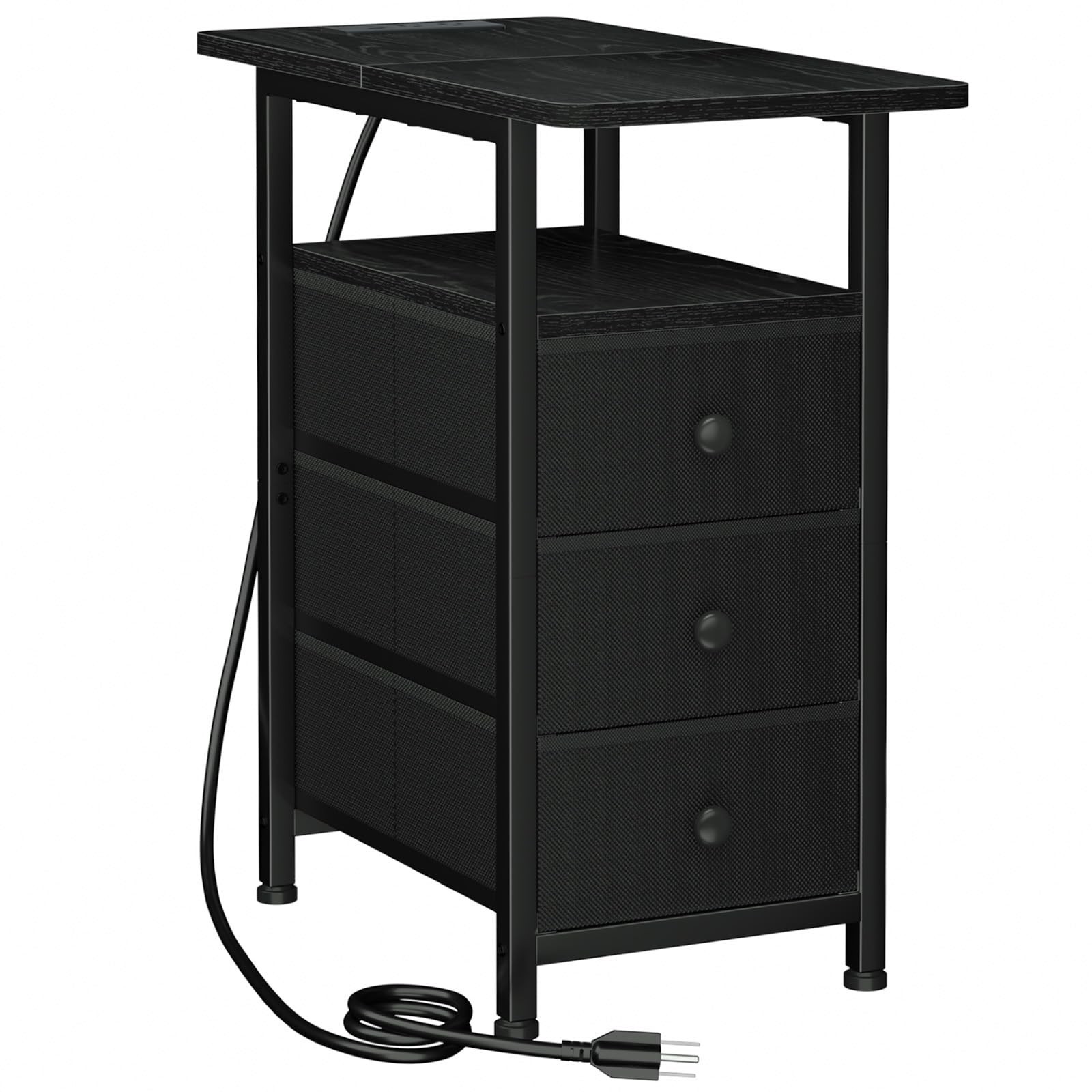 LOAKEKEL Narrow Side Table, Small End Table with Charging Station Black Power