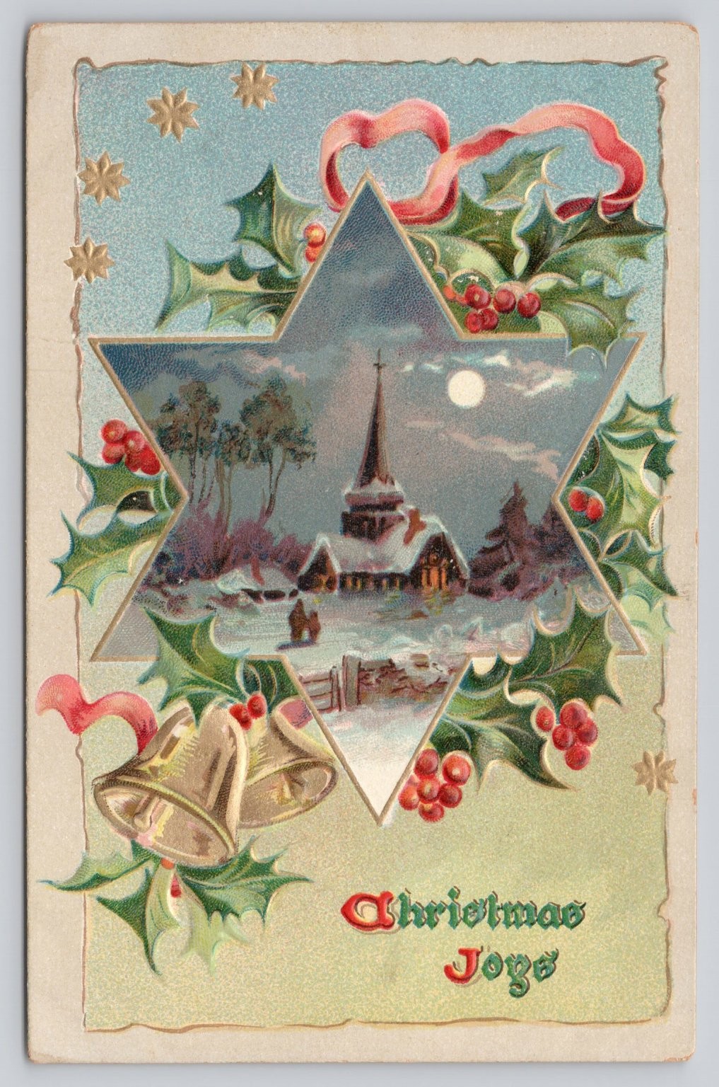 Raphael Tuck Christmas Snows Postcard Church Bells Holly Embossed No. 503
