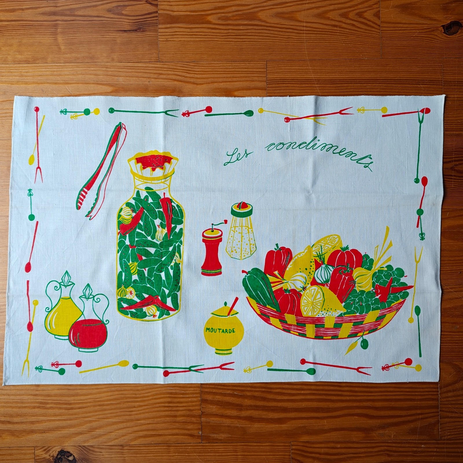 Vintage Blanval Tea Towel Wall Art Les Condiments Vegetables MCM France NOS NWOT