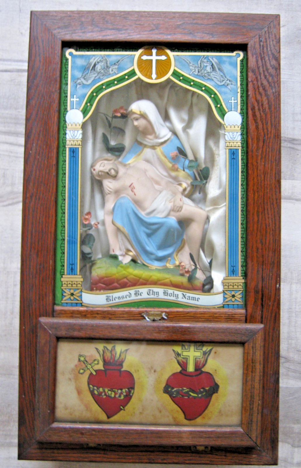 La Pietà Sacred Heart Last Rites Box Catholic Shrine Altar Oak Shadow Box