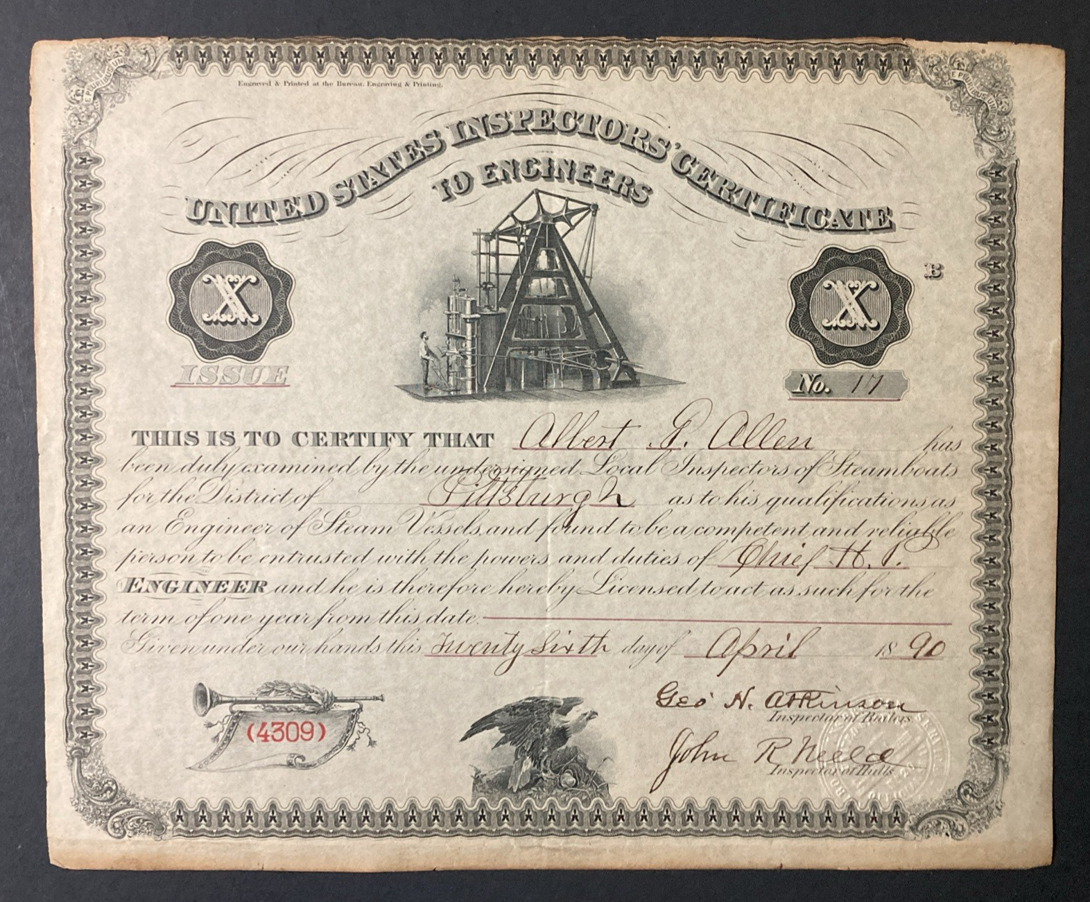 Vintage 1890 United States Inspectors' Certificate To Engineers