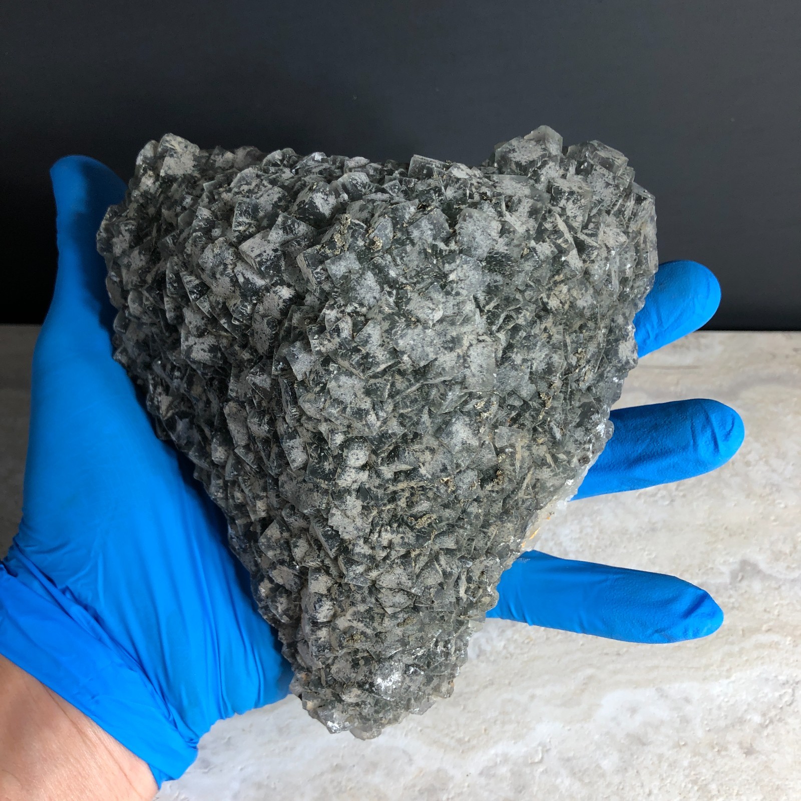 2.82lbs  Dark Blue Green Fluorite w Pyrite Crystal Cluster Mineral Specimen FDL9
