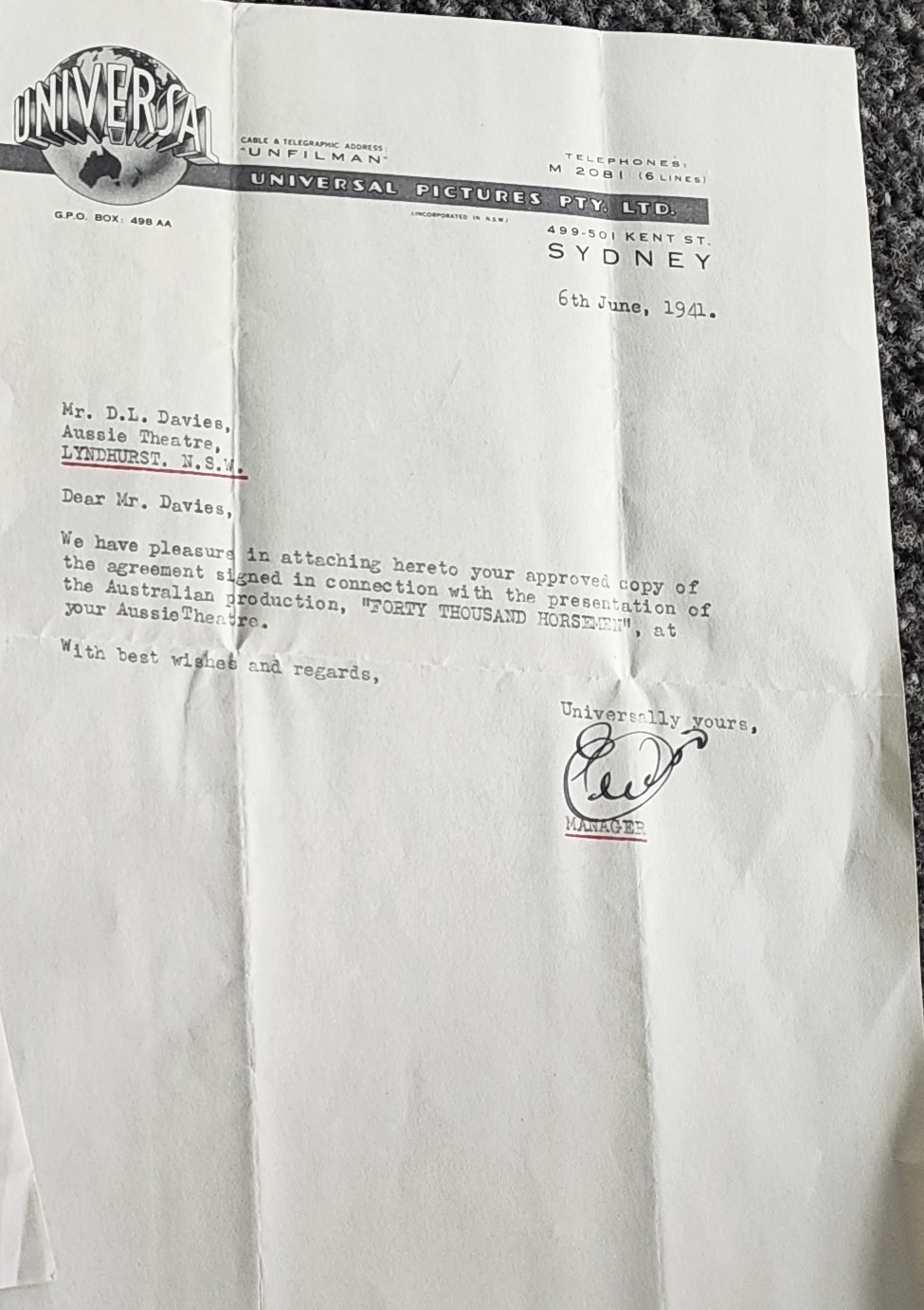 1941 Universal Pictures Forty Thousand Horsemen Australian Theatre Letterhead 