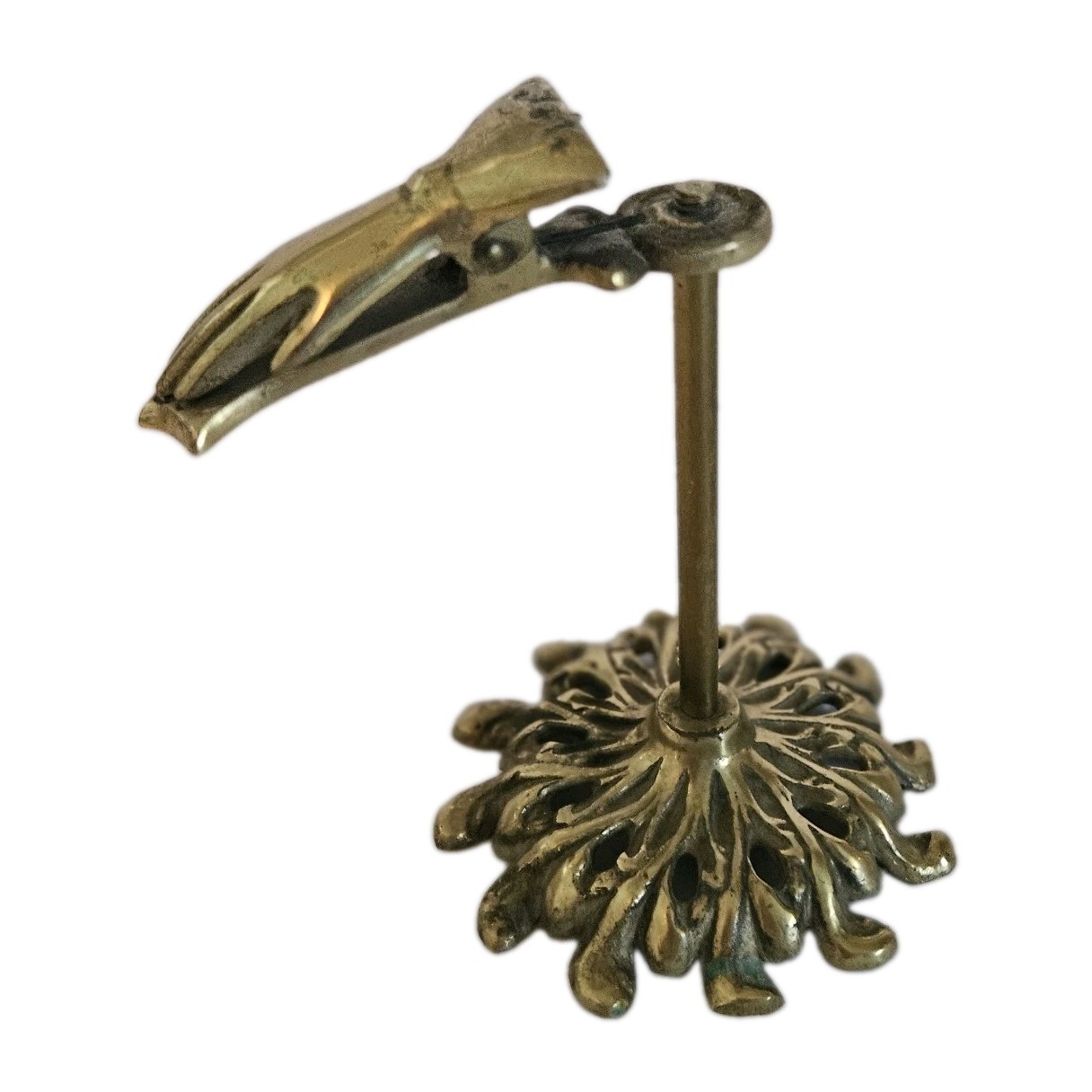 VTG Victorian Brass Hand Letter Card Holder Desktop Stand Spring Clip Japan 5\