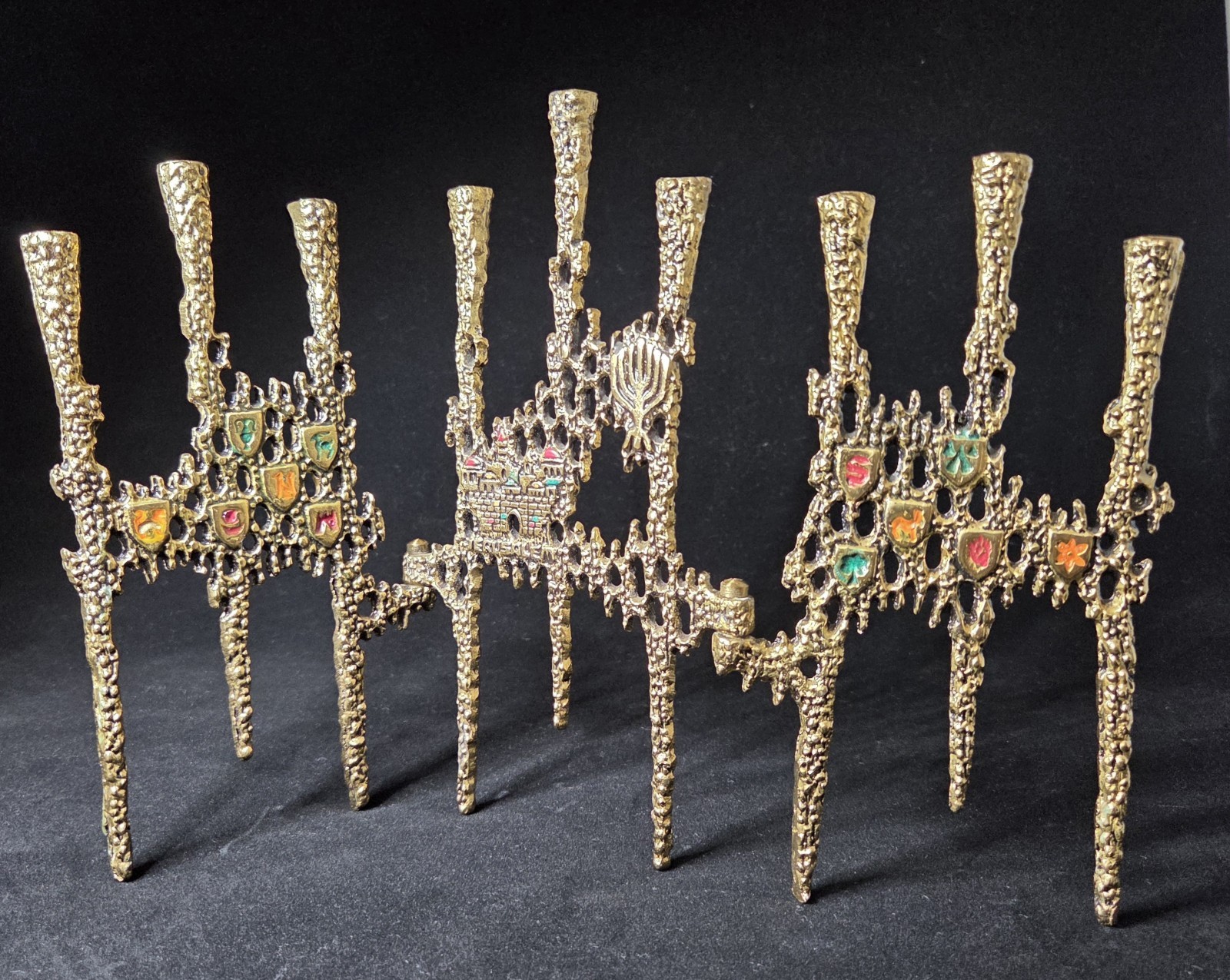 Stunning 1970s Wainberg of Israel Brutalist-Style Hanukkah Brass Folding Menorah