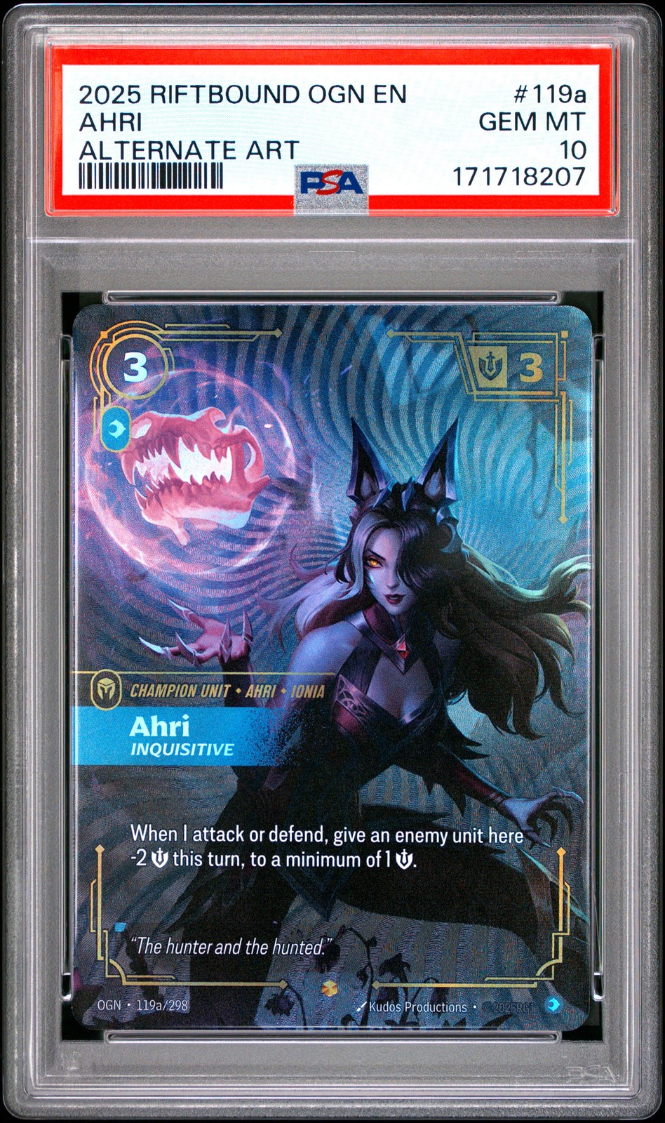 2025 RIFTBOUND: LEAGUE OF LEGENDS OGN-ORIGINS #119A AHRI - INQUISITIVE PSA 10