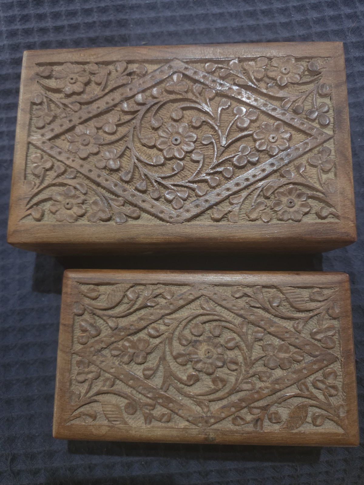 Vintage 1970s-80s Hand Carved Wooden Boxes (2) Made in India SELF HELP Crafts