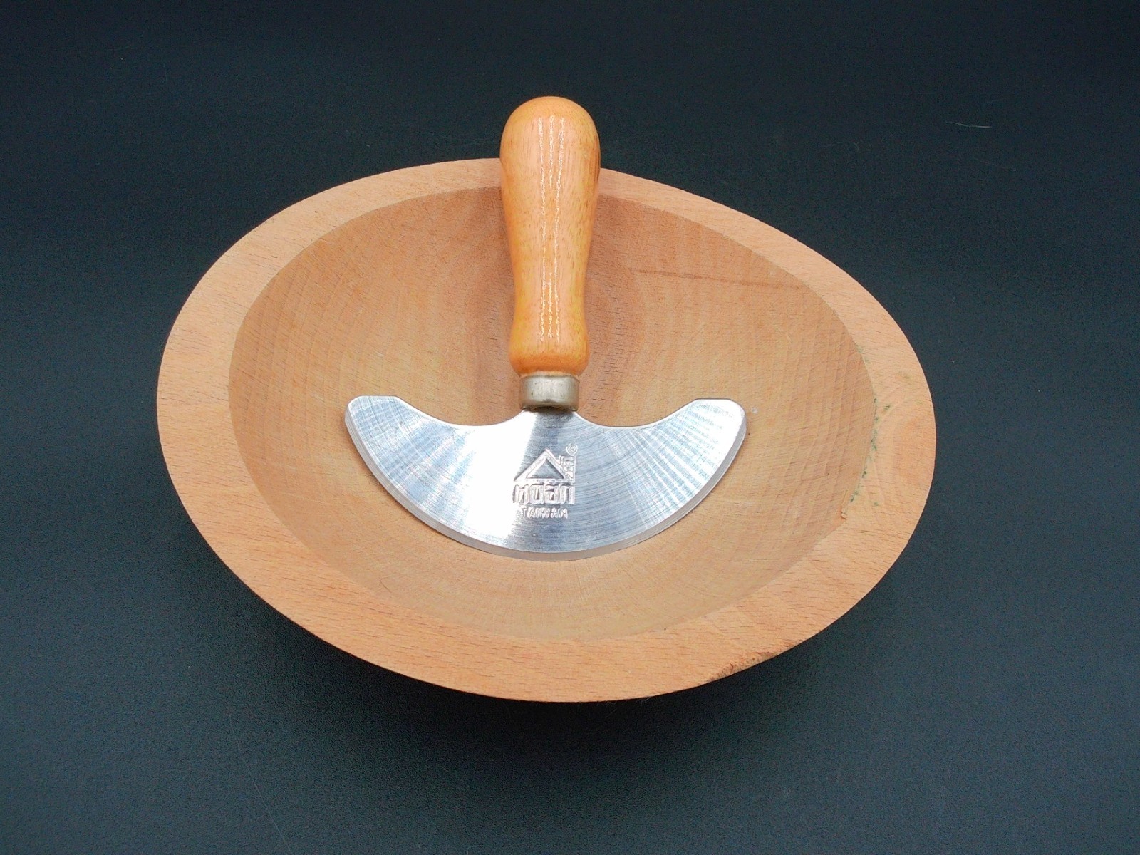 Vintage Hoan Taiwan Herb Chopping Knife and Wood Bowl Set