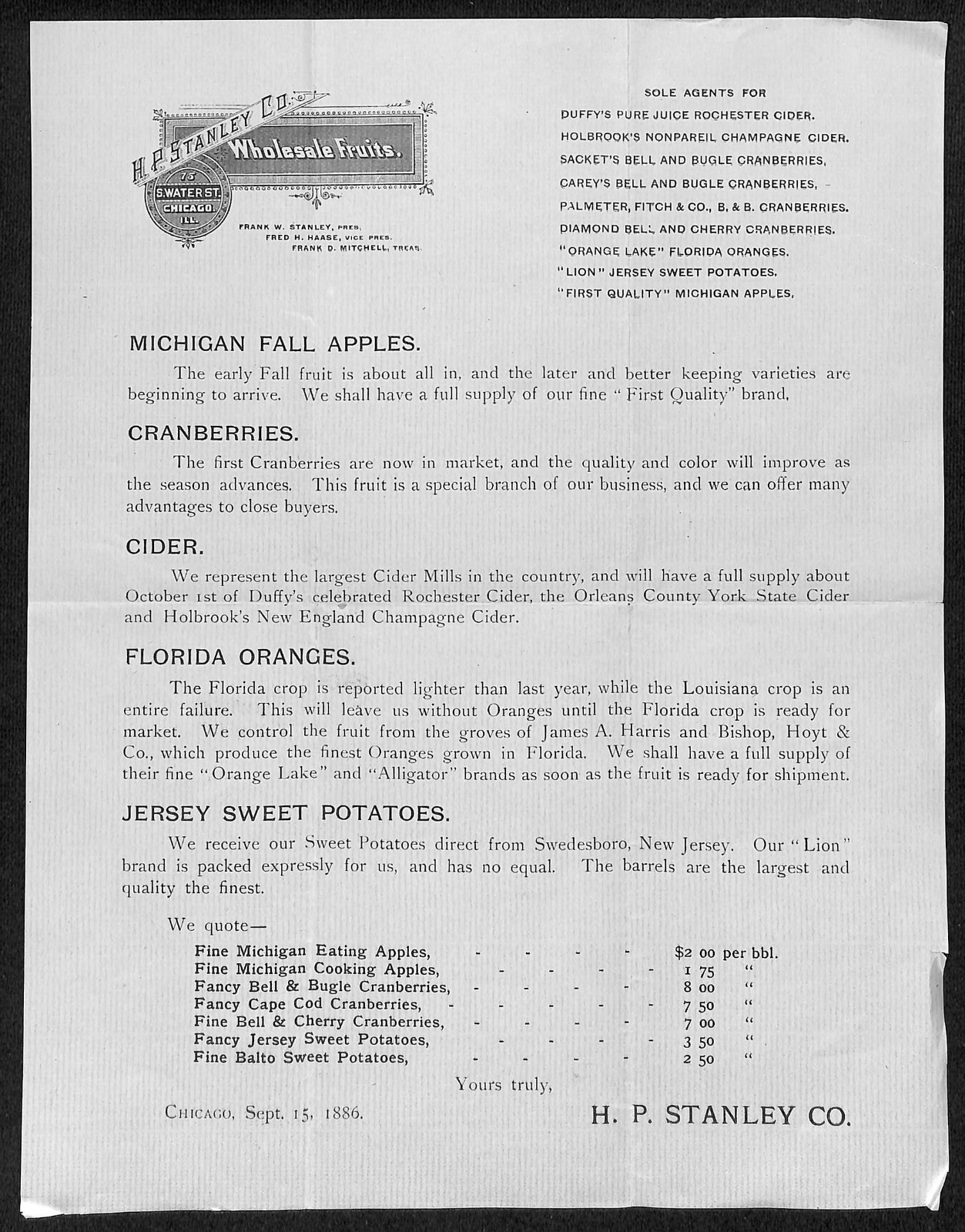 H.P. Stanley Co. Chicago Whsle. Apples Potatoes 1886 Price Sheet VGC Scarce