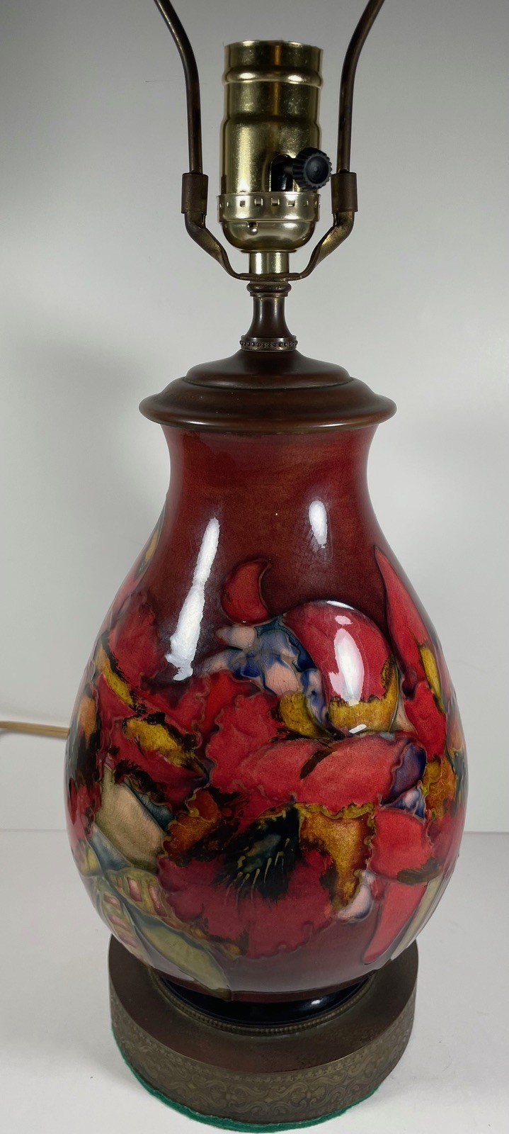 RARE VINTAGE MOORCROFT POTTERY FLAMBE GLAZE ORCHIDS LAMP BASE