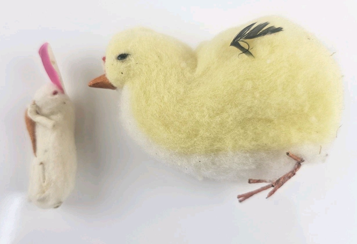 Vintage Cotton Spun Chick And Bunny Rabbit w/Carrot, Paper Ears Japan Easter