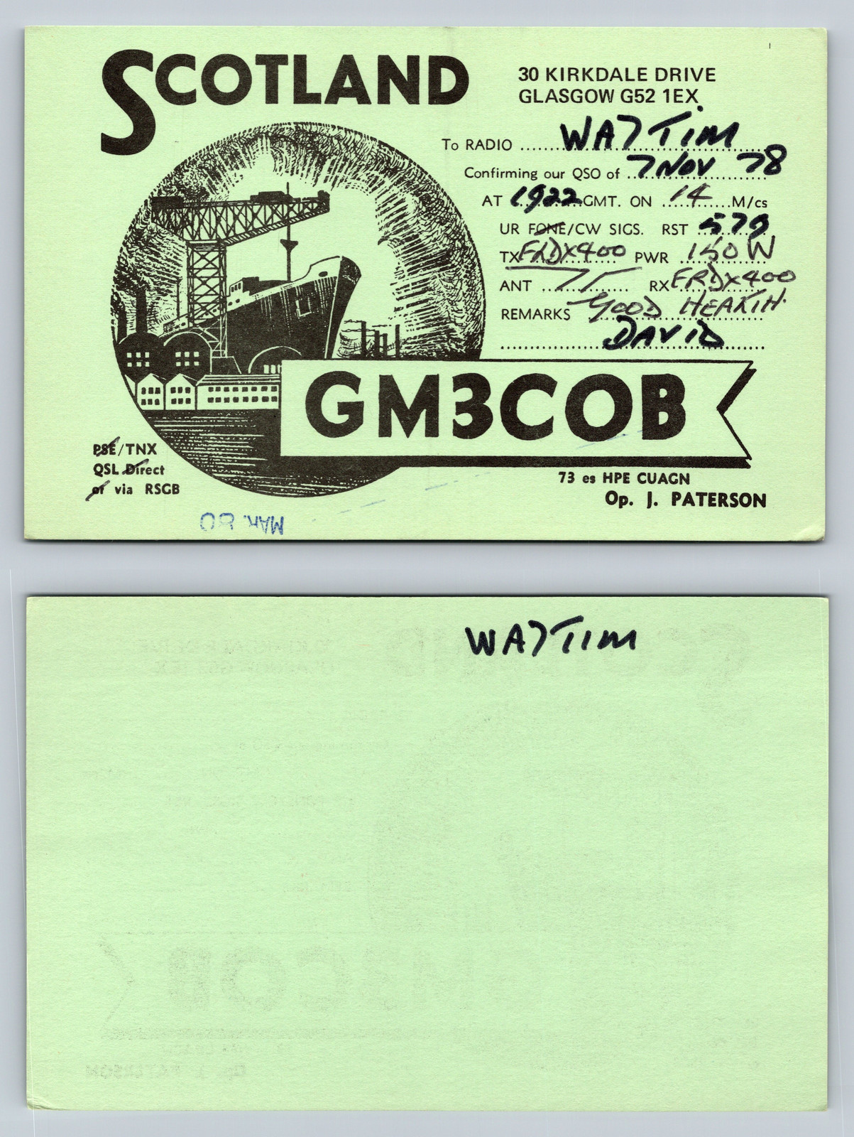 Ham Radio QSL QSO Postcard WA7TIM, Glasgow, Scotland, UK
