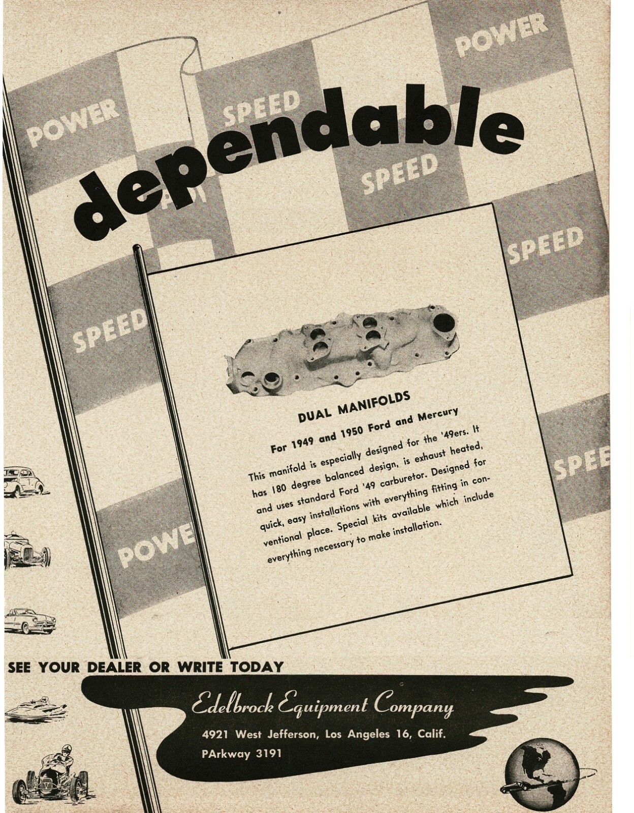1951 EDELBROCK Dual Manifolds for Ford Mercury Los Angeles CA Vintage Print Ad 2