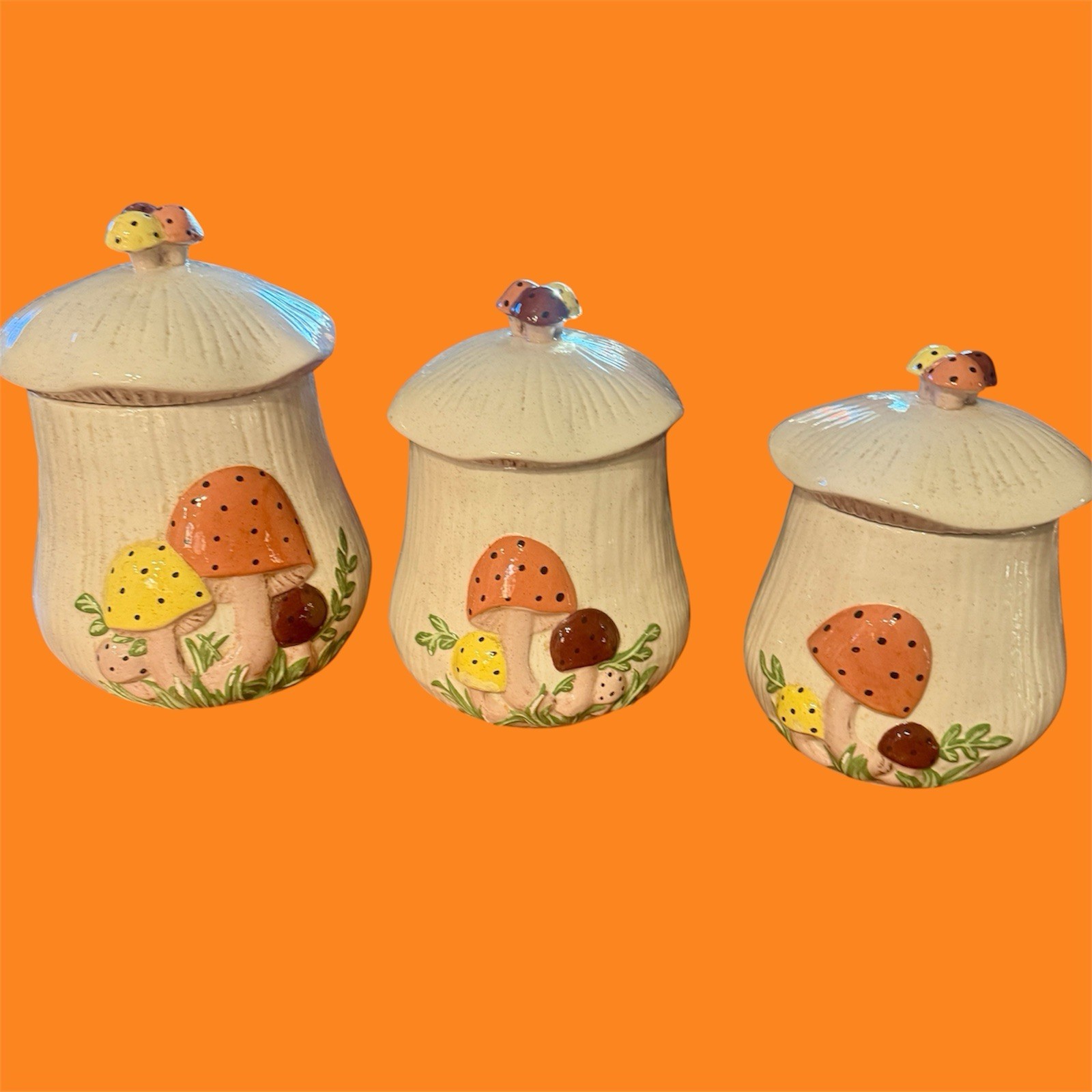 Vintage MCM 1980s Merry Mushroom Canisters with Lids Ceramic Set of 3