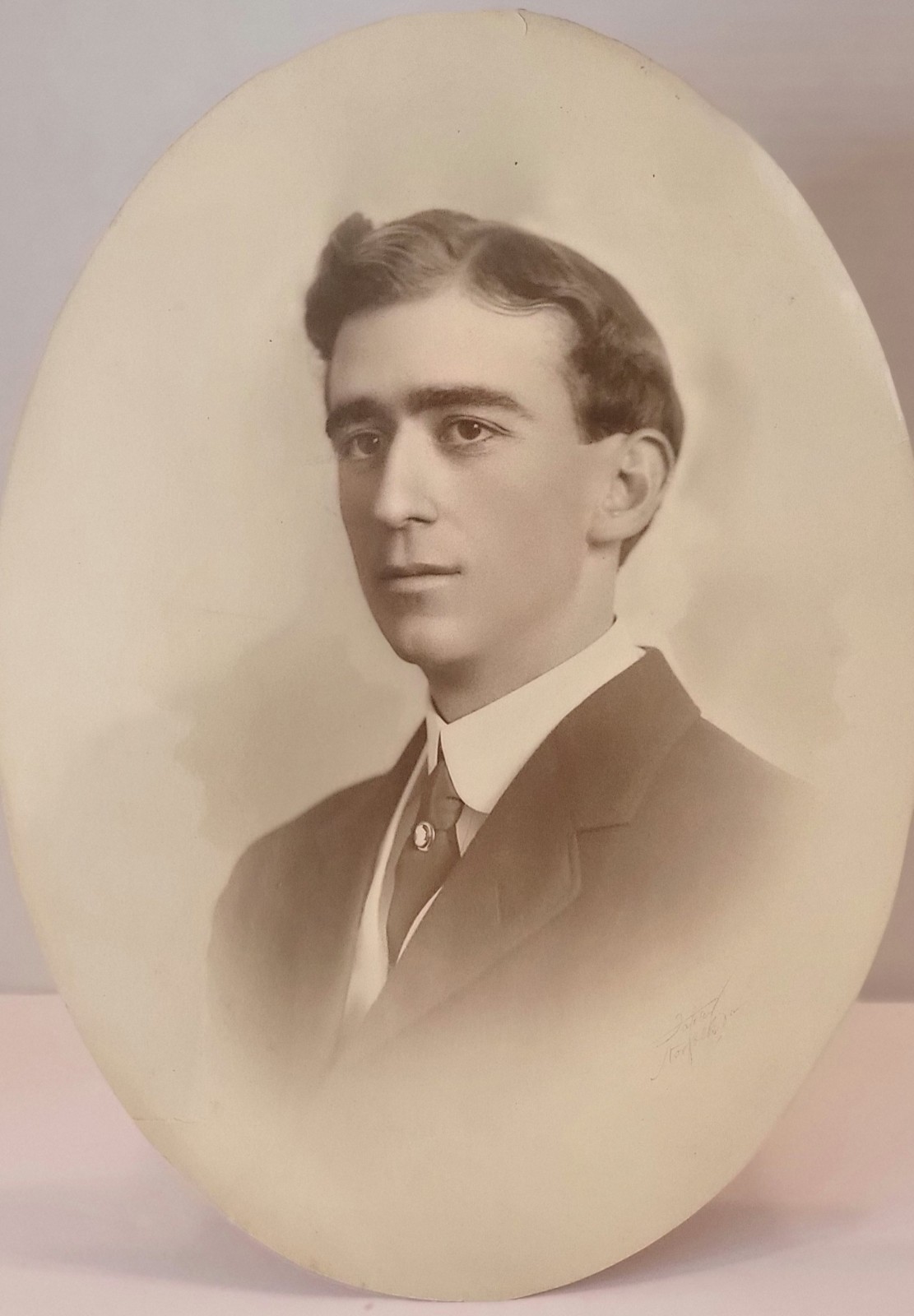 Antique 1900s Oval Mat Photo Portrait Handsome Young Man Suit Tie Sign Studio