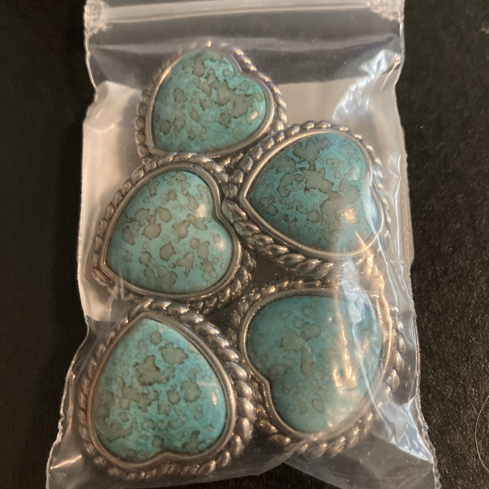 Lot of 5 Heart Faux Turquoise SW Button Covers Silver Tone Metal Lot of 5 Heart Faux Turquoise SW Button Covers Silver Tone Metal