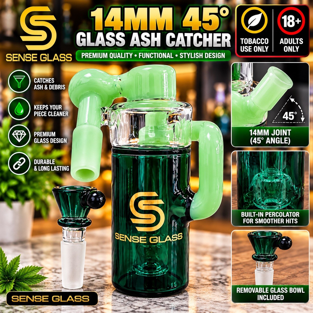 Premium Glass 14mm 45° Glass Ash Catcher🔥Green – Tobacco Use Only 🔥18+
