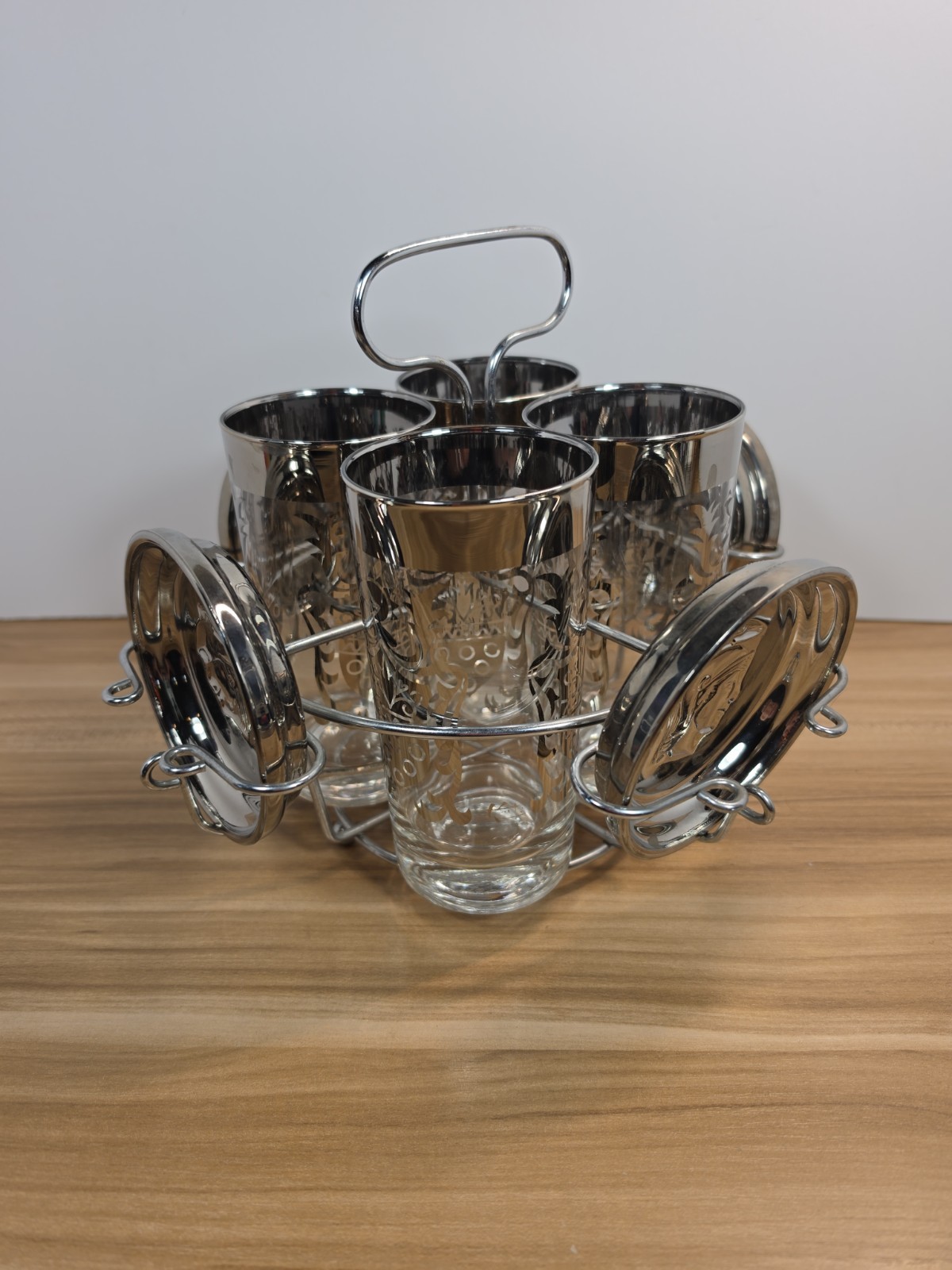Vintage Kimiko Silver Knight Glasses Drinking Bar Ware Coaster Carrier Set 10 oz