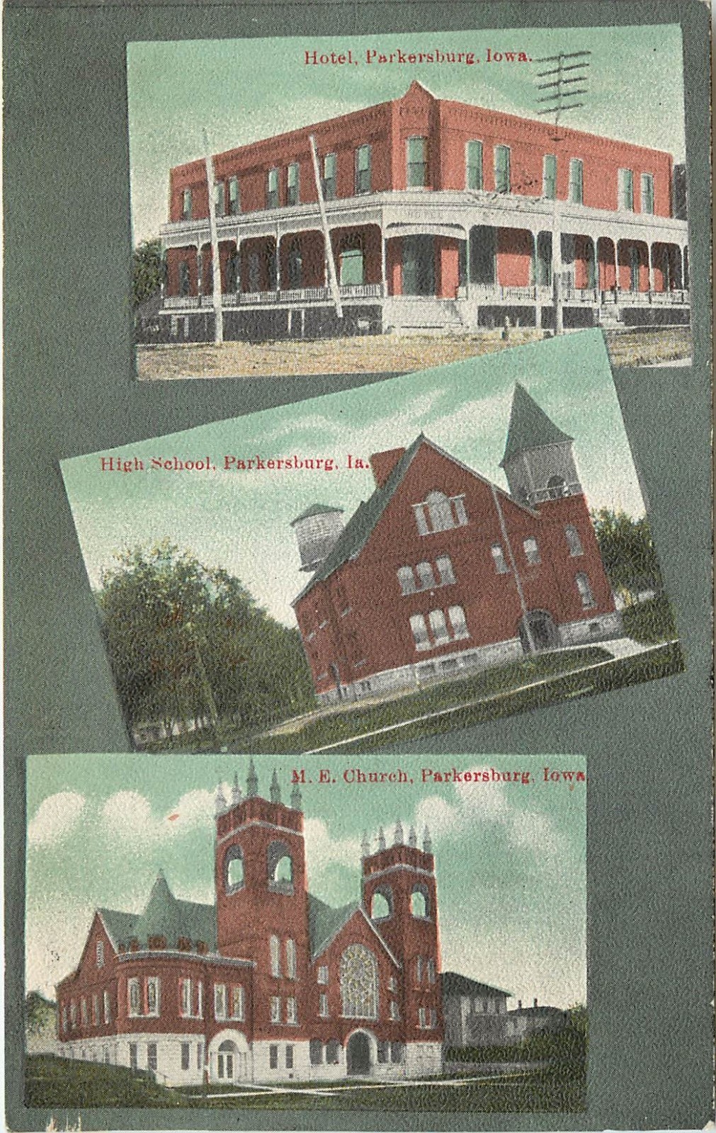 c1909 Multiview Postcard; Parkersburg IA Hotel High School & M.E.Church, Butler 