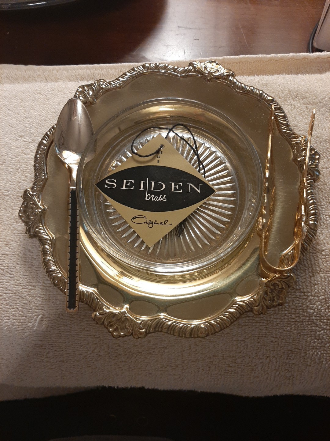 Vintage SEIDEN BRASS Gold Serving dish and tray with Spoon and Tongs