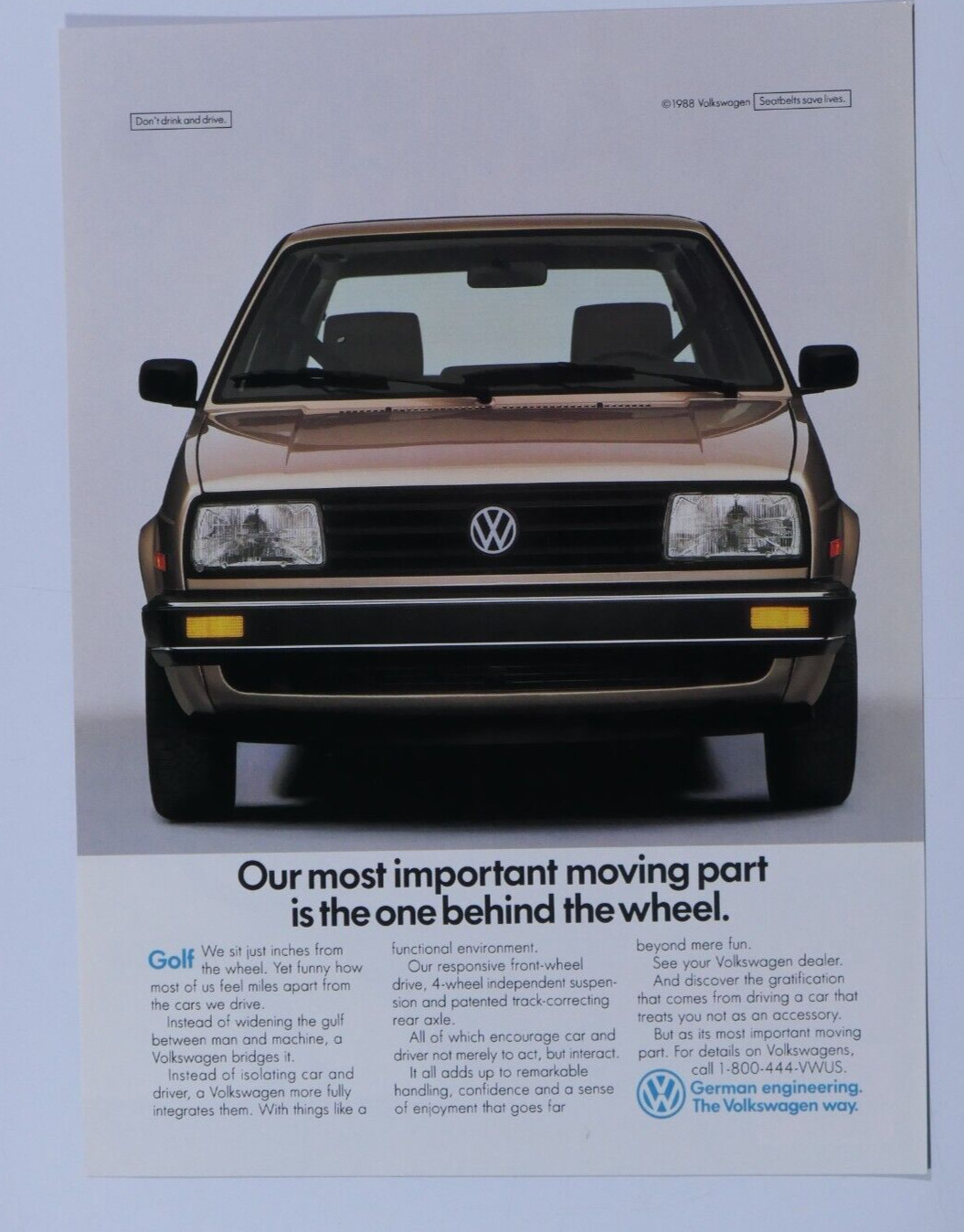 1988 Volkswagen Golf  VTG Most Important Part Original Regional Print Ad 8.5x11\