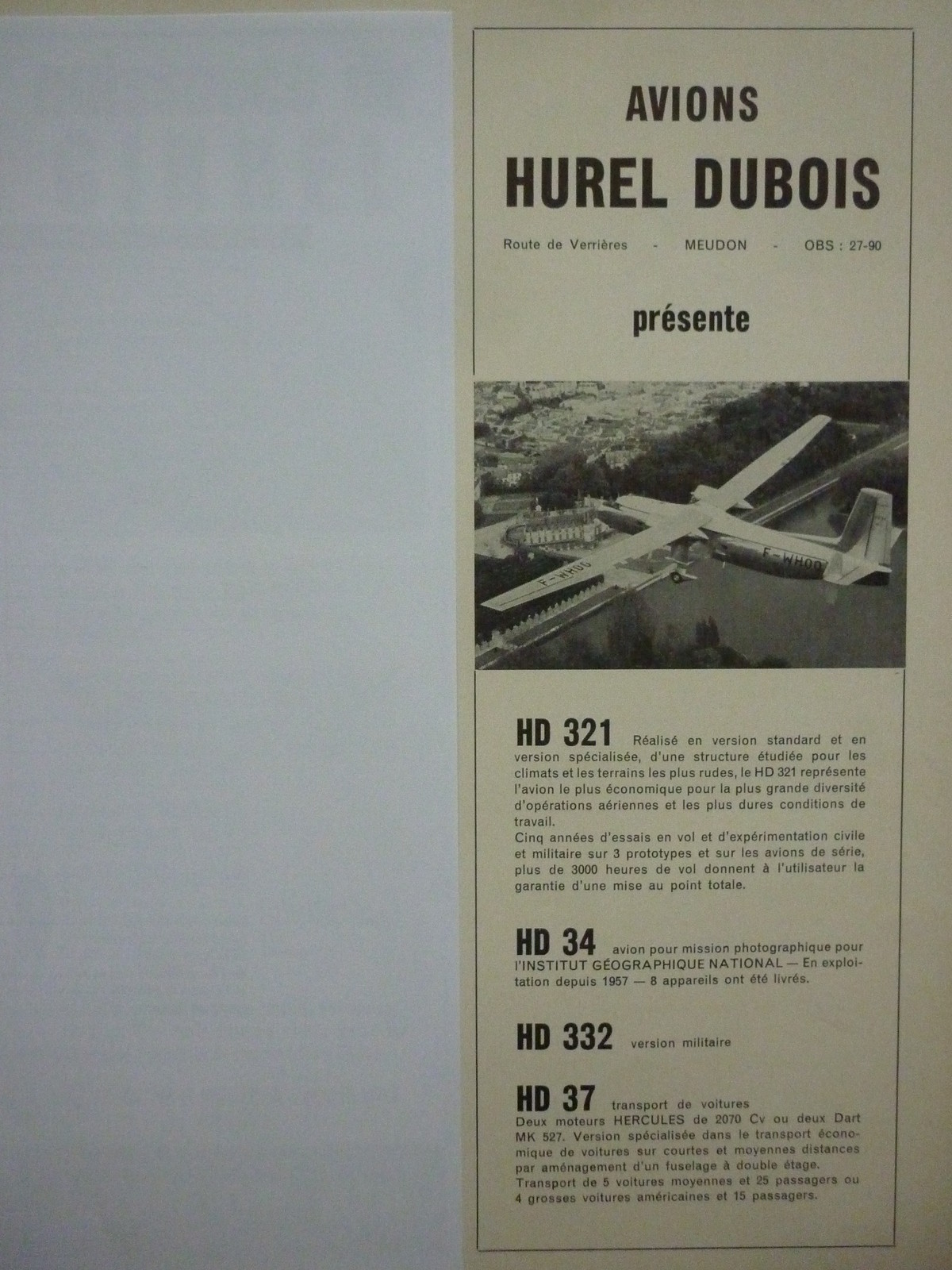 1959-60 PUB AVIONES HUREL-DUBOIS MEUDON HD 321 HD 34 IGN HD 332 HD 37 FRENCH AD